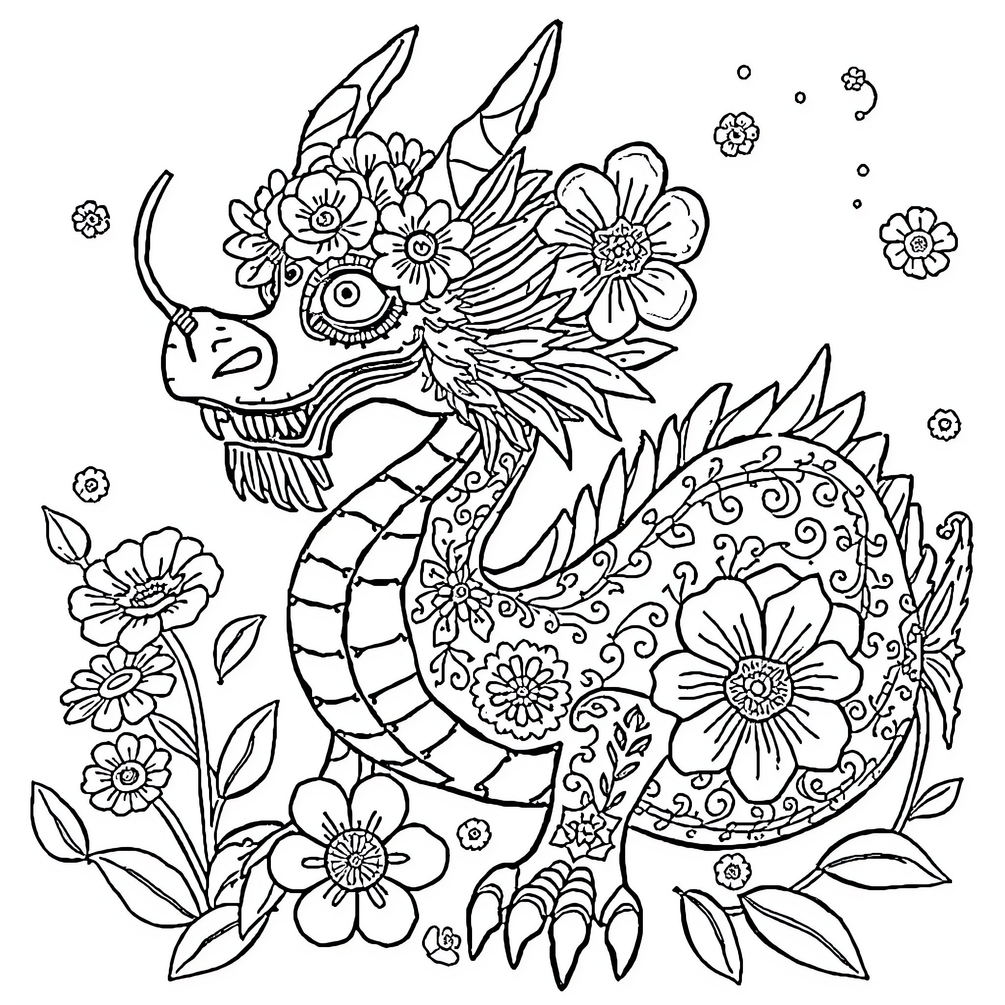 Dragon Dancing Among Whimsical Flowers Coloring Page (free black-and-white line drawing printable PDF for all, from beginners to advanced learners, including children, teens, adults, and seniors)
