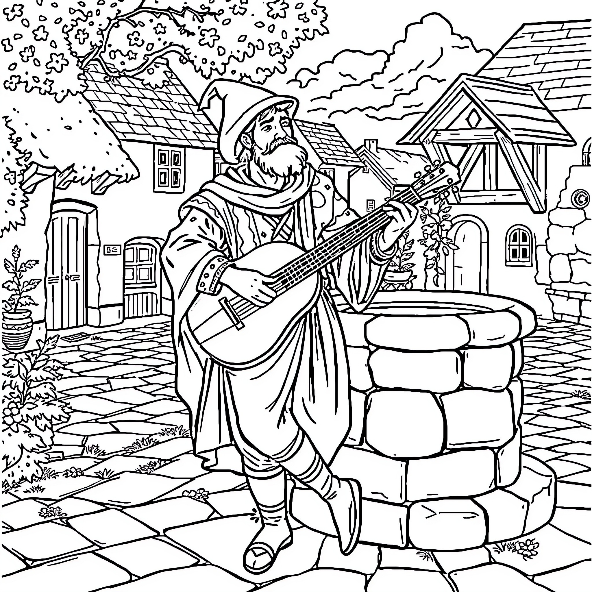 Bard playing guitar amidst quaint village scene Coloring Page (free black-and-white line drawing printable PDF for all, from beginners to advanced learners, including children, teens, adults, and seniors)
