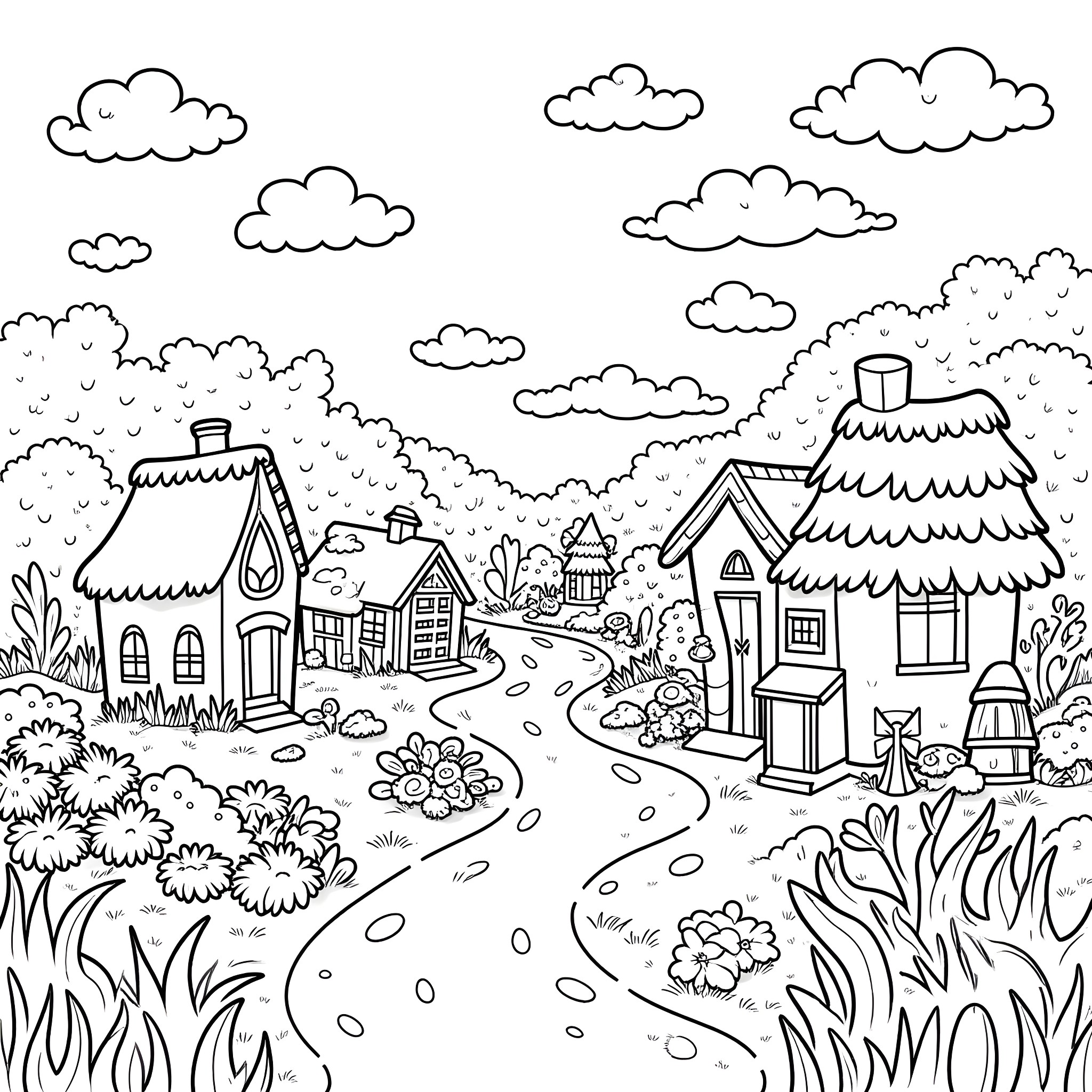 Fairy Village in a Whimsical Landscape Coloring Page (free black-and-white line drawing printable PDF for all, from beginners to advanced learners, including children, teens, adults, and seniors)