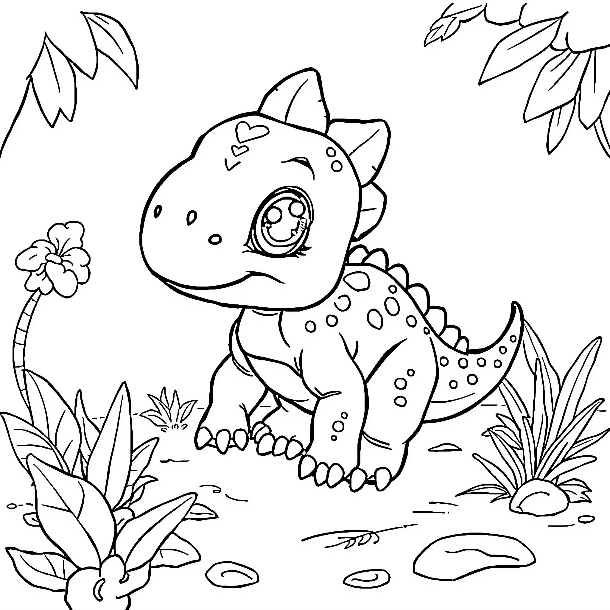 Dino Exploring the Enchanted Forest Coloring Page (free black-and-white line drawing printable PDF for all, from beginners to advanced learners, including children, teens, adults, and seniors)