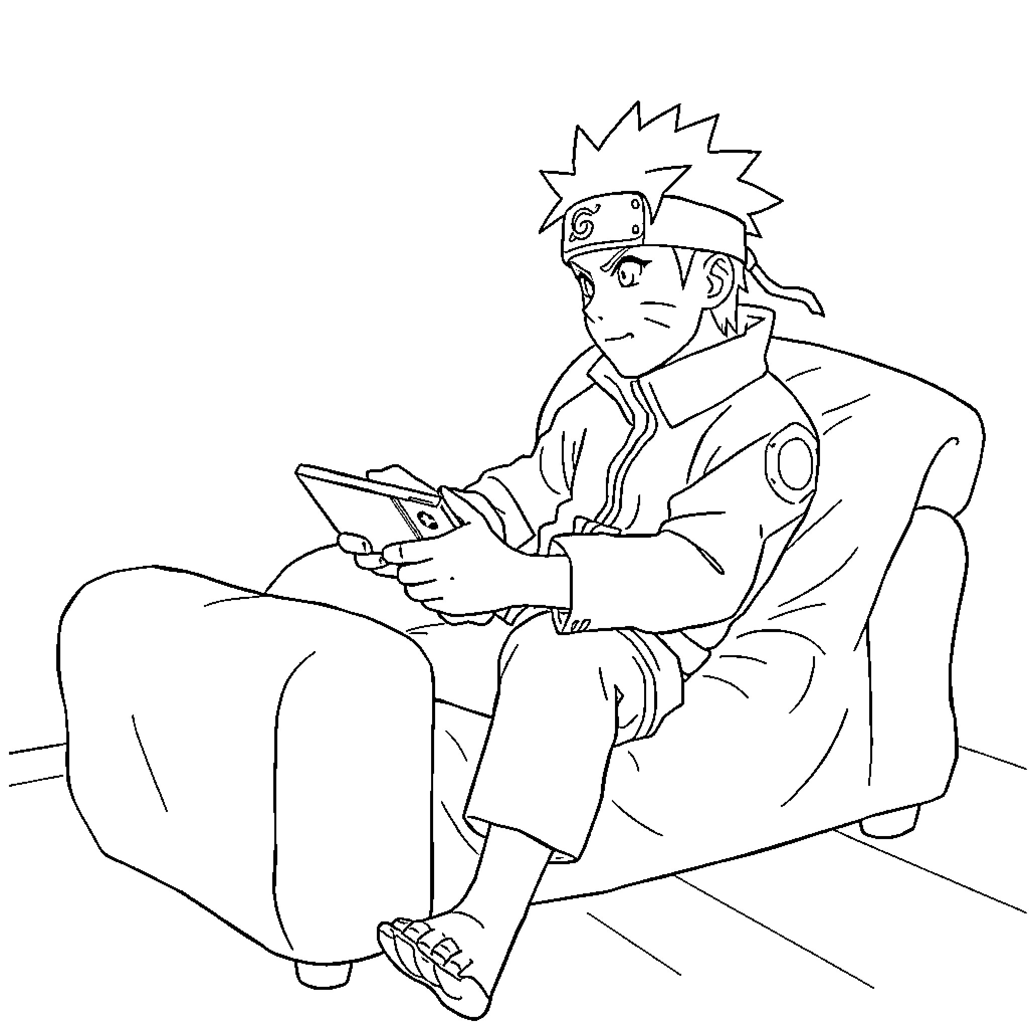 Naruto relaxing and using electronic device Coloring Page (free black-and-white line drawing printable PDF for all, from beginners to advanced learners, including children, teens, adults, and seniors)
