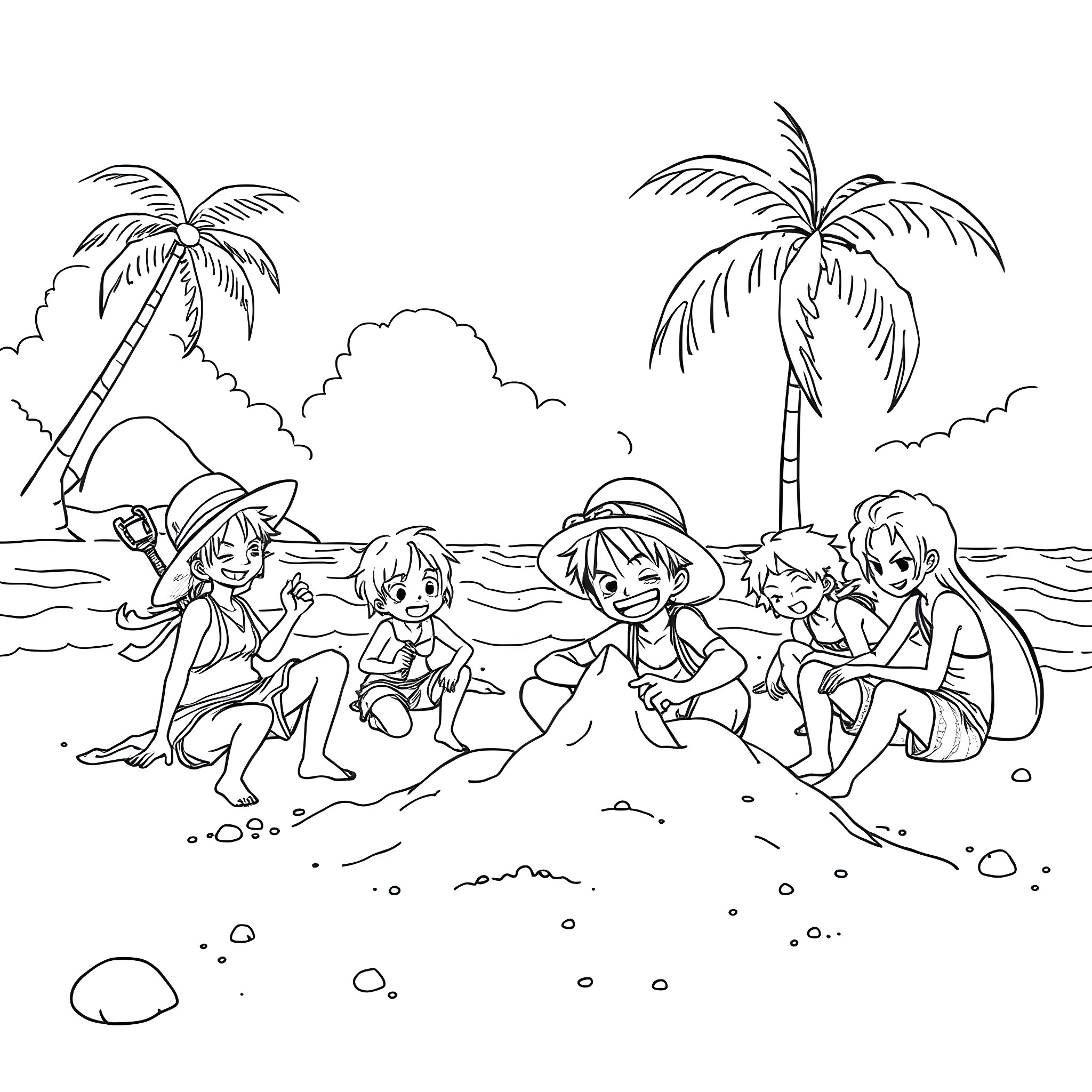 Luffy and friends enjoying a sunny day at the beach Coloring Page (free black-and-white line drawing printable PDF for all, from beginners to advanced learners, including children, teens, adults, and seniors)