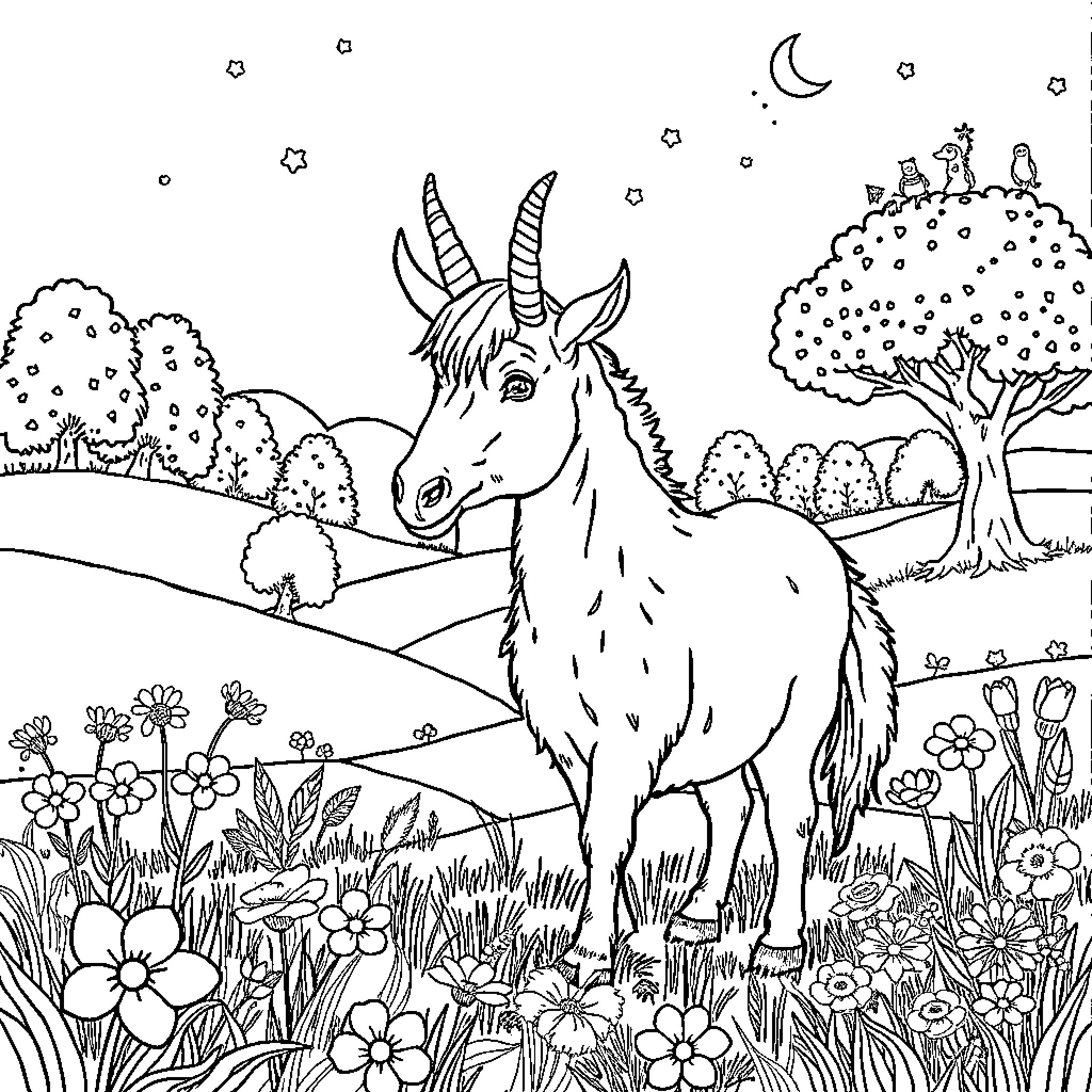 Donkey standing amidst flowers in a moonlit landscape Coloring Page (free black-and-white line drawing printable PDF for all, from beginners to advanced learners, including children, teens, adults, and seniors)