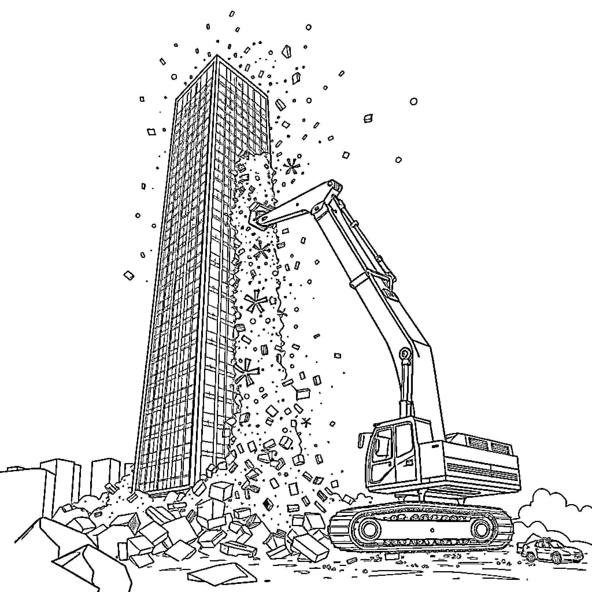 Excavator demolishing a high-rise building Coloring Page (free black-and-white line drawing printable PDF for all, from beginners to advanced learners, including children, teens, adults, and seniors)