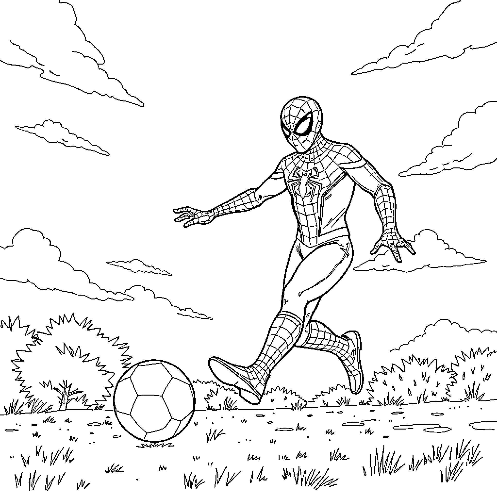 Spiderman playing football in the park Coloring Page (free black-and-white line drawing printable PDF for all, from beginners to advanced learners, including children, teens, adults, and seniors)