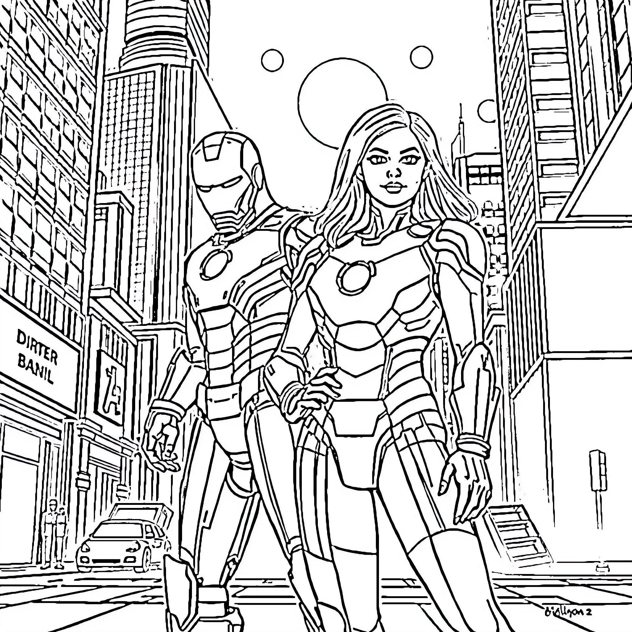 Ironman and Superheroine in Action-Packed City Scene Coloring Page (free black-and-white line drawing printable PDF for all, from beginners to advanced learners, including children, teens, adults, and seniors)