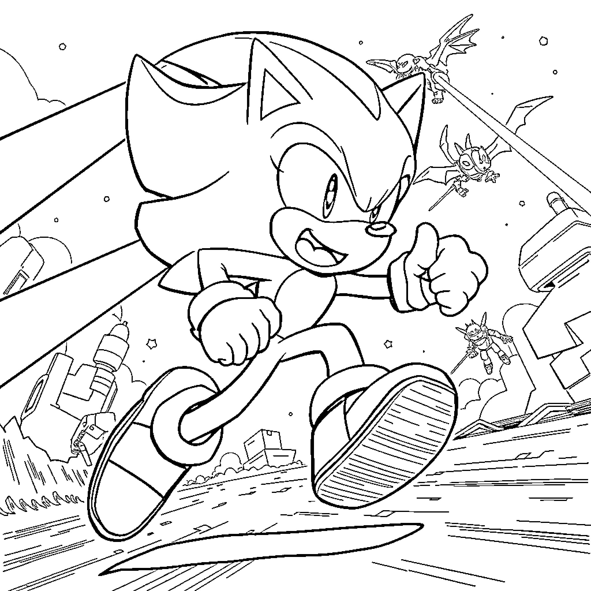 Shadow of a Speedster Hero Zooming Through the City Coloring Page (free black-and-white line drawing printable PDF for all, from beginners to advanced learners, including children, teens, adults, and seniors)