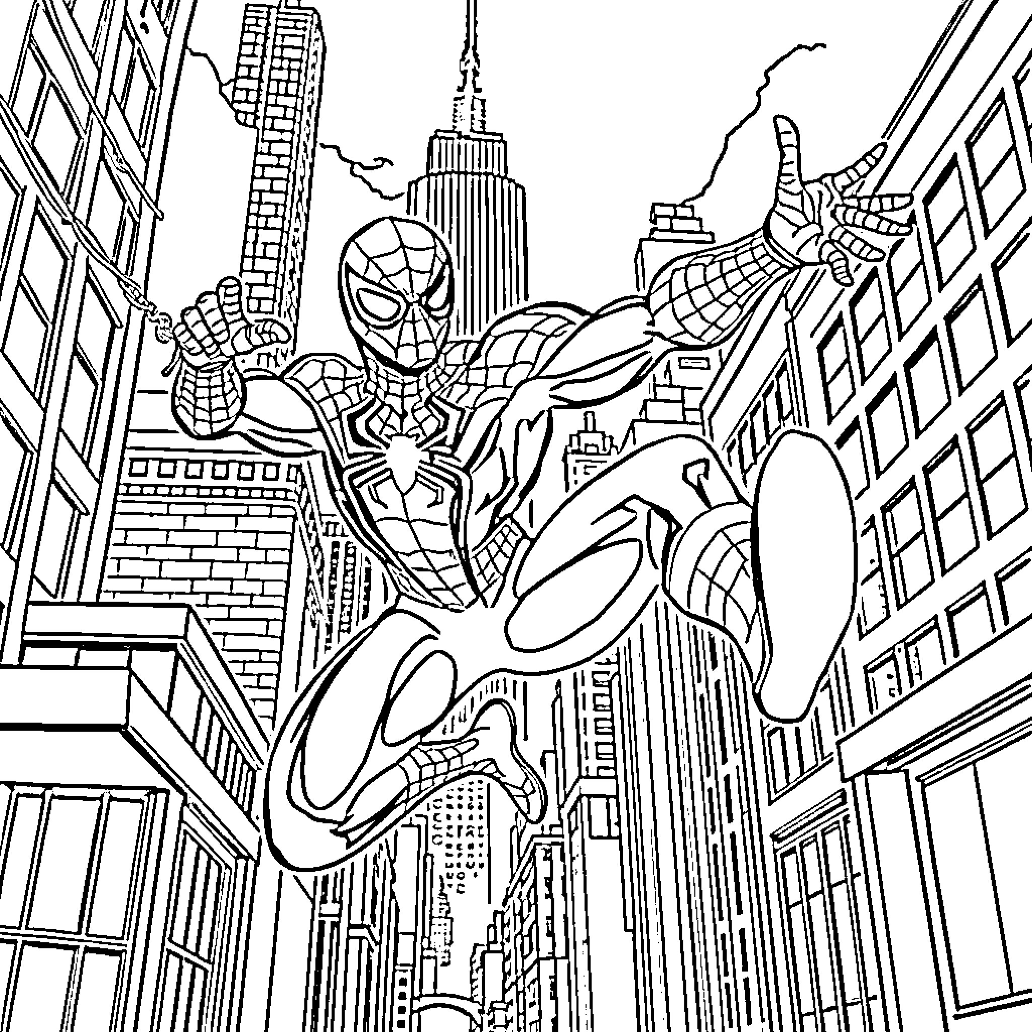 Spider-Man swinging through the city skyline Coloring Page (free black-and-white line drawing printable PDF for all, from beginners to advanced learners, including children, teens, adults, and seniors)