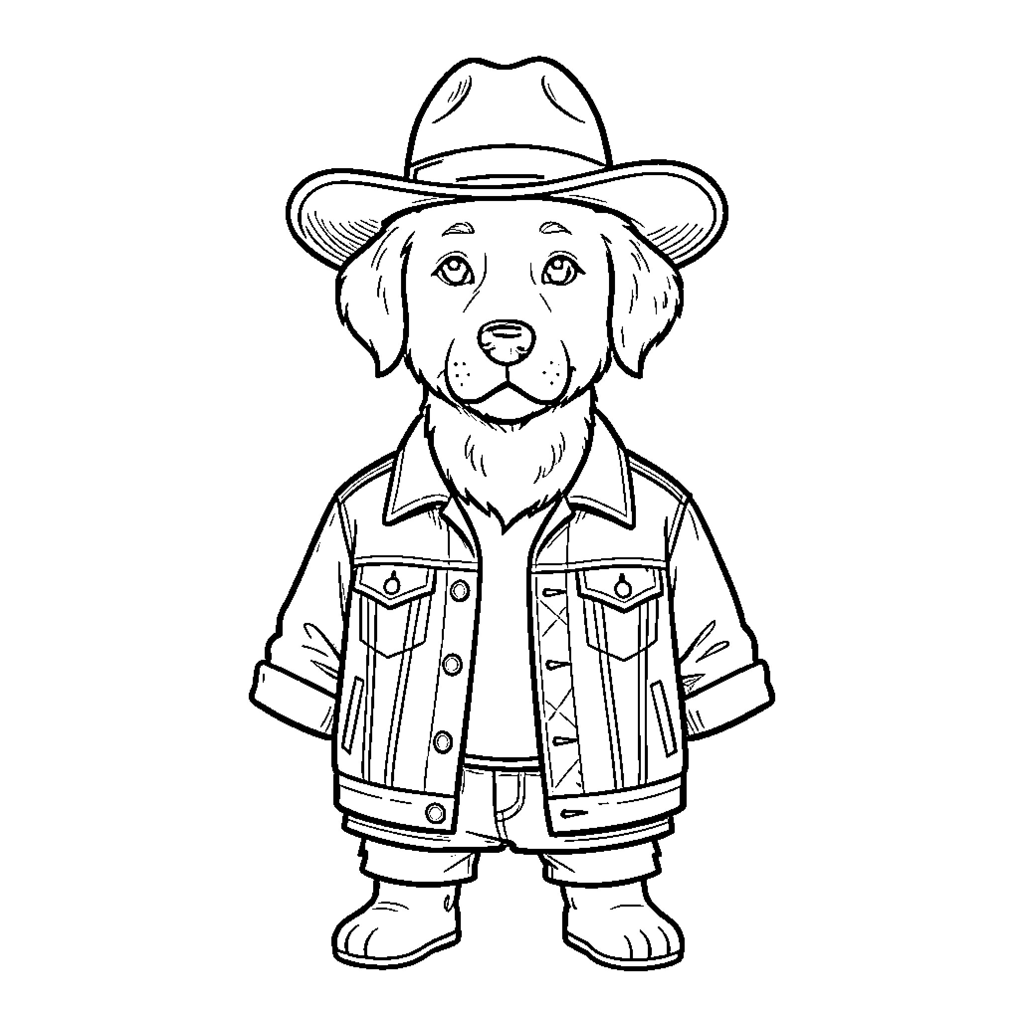 Perro wearing a cowboy hat and denim jacket Coloring Page (free black-and-white line drawing printable PDF for all, from beginners to advanced learners, including children, teens, adults, and seniors)