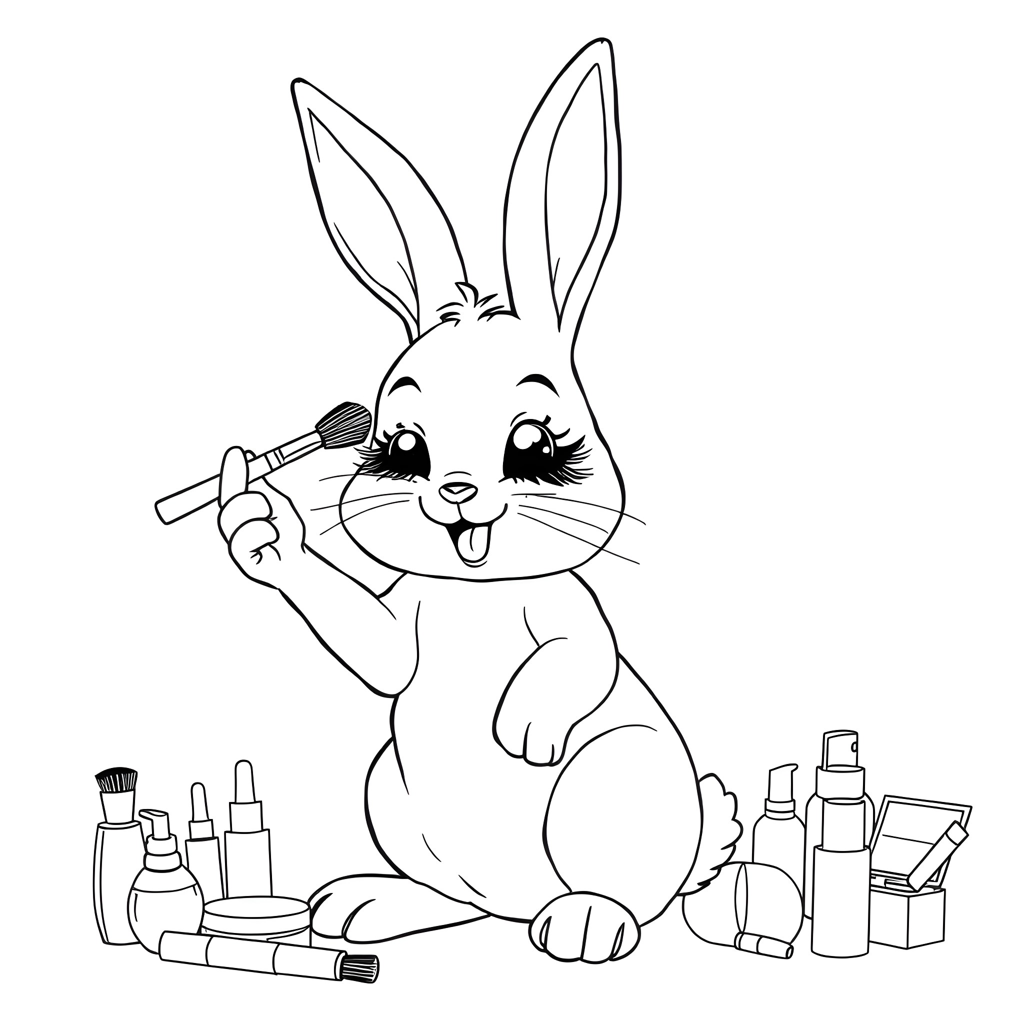 Rabbit applying makeup happily Coloring Page (free black-and-white line drawing printable PDF for all, from beginners to advanced learners, including children, teens, adults, and seniors)