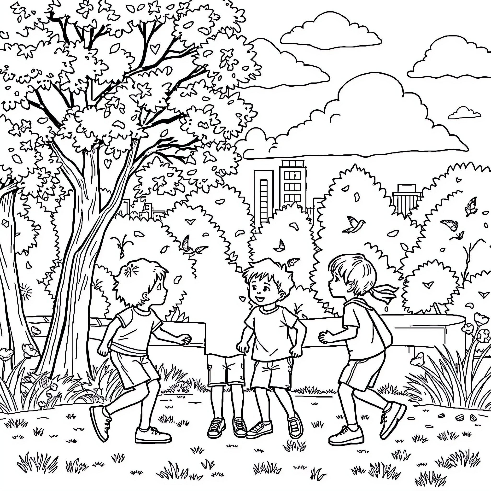 Kid friends playing joyfully in the park Coloring Page (free black-and-white line drawing printable PDF for all, from beginners to advanced learners, including children, teens, adults, and seniors)