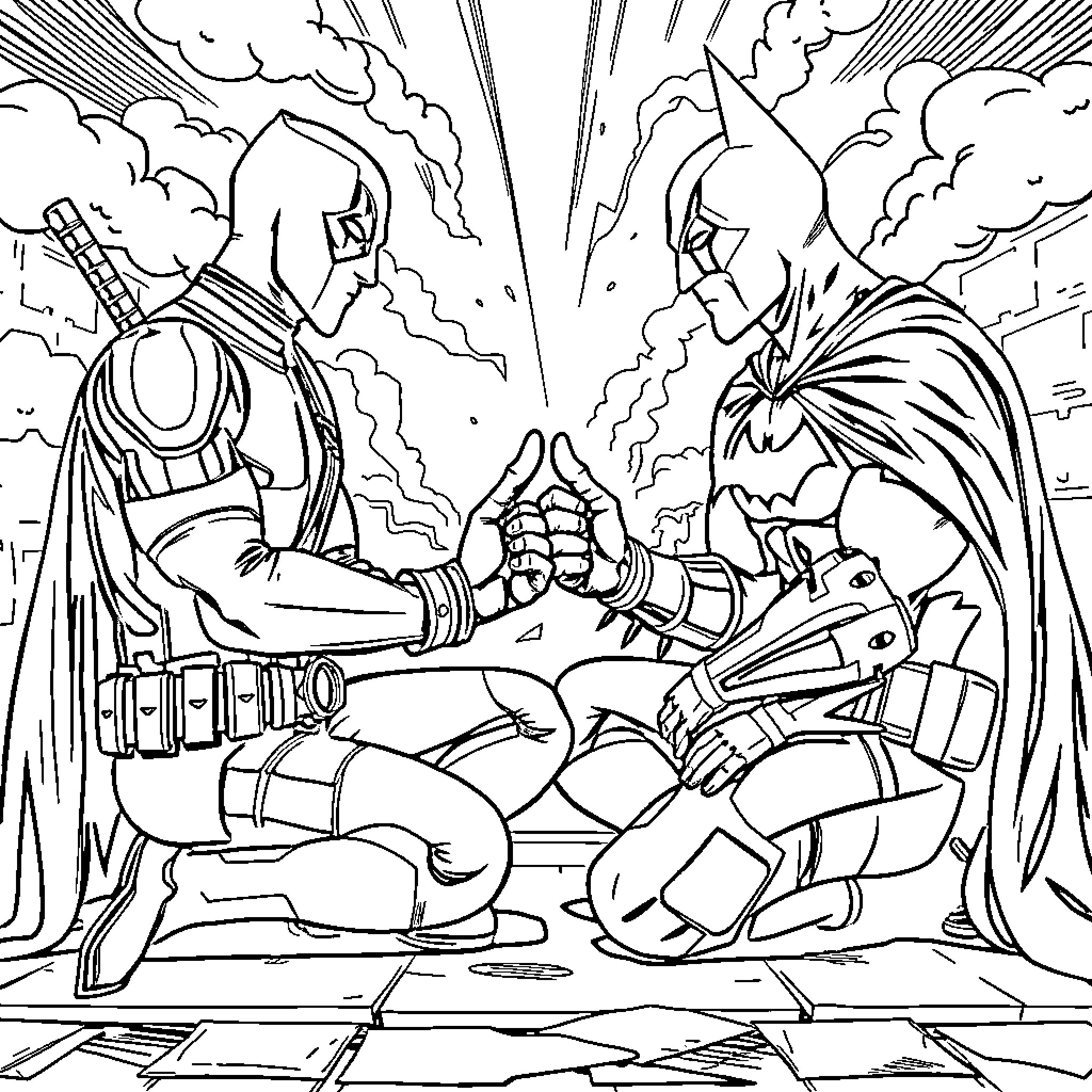 Deadpool's Explosive Showdown with Villain Coloring Page (free black-and-white line drawing printable PDF for all, from beginners to advanced learners, including children, teens, adults, and seniors)