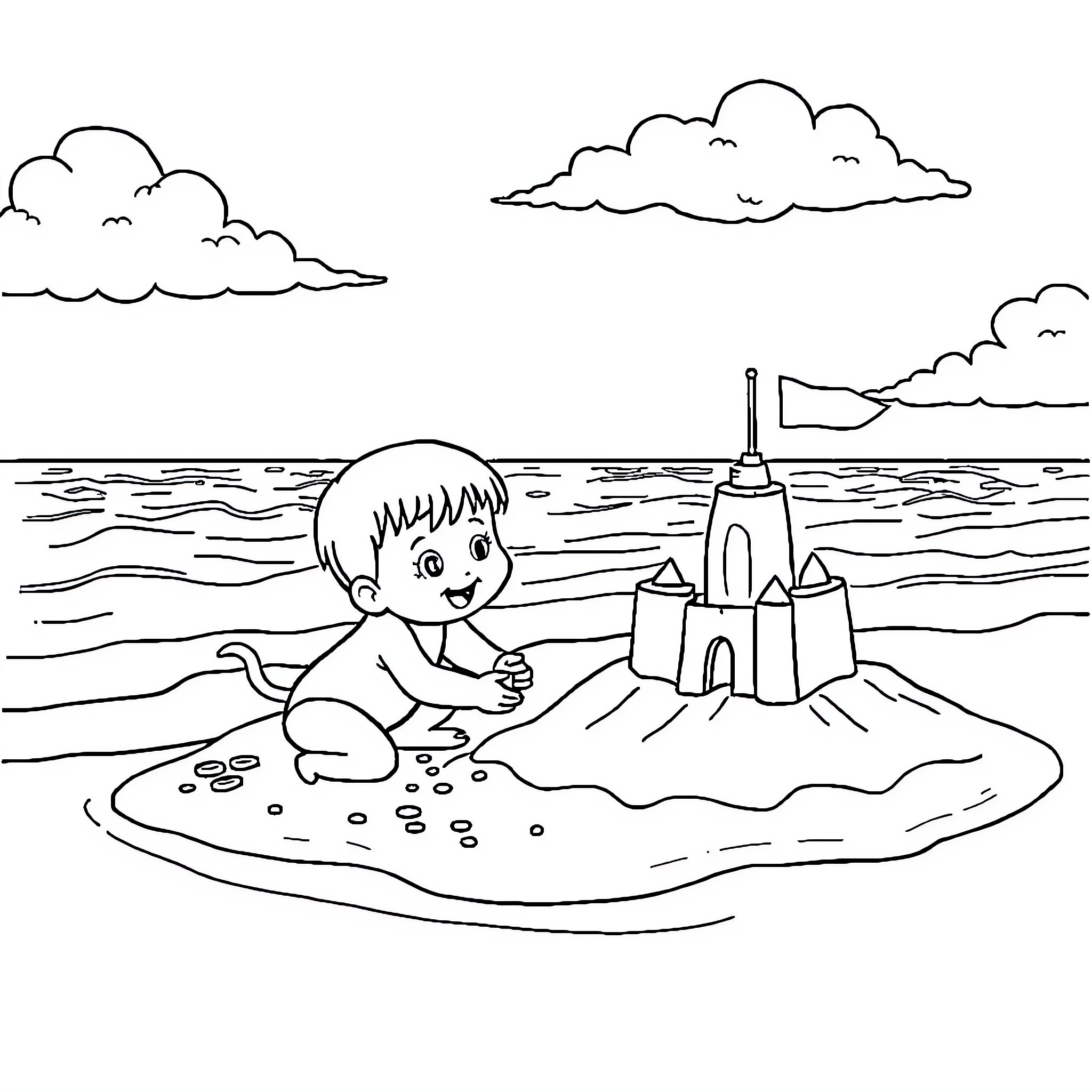Tchoupi plays on the beach with a sand castle Coloring Page (free black-and-white line drawing printable PDF for all, from beginners to advanced learners, including children, teens, adults, and seniors)