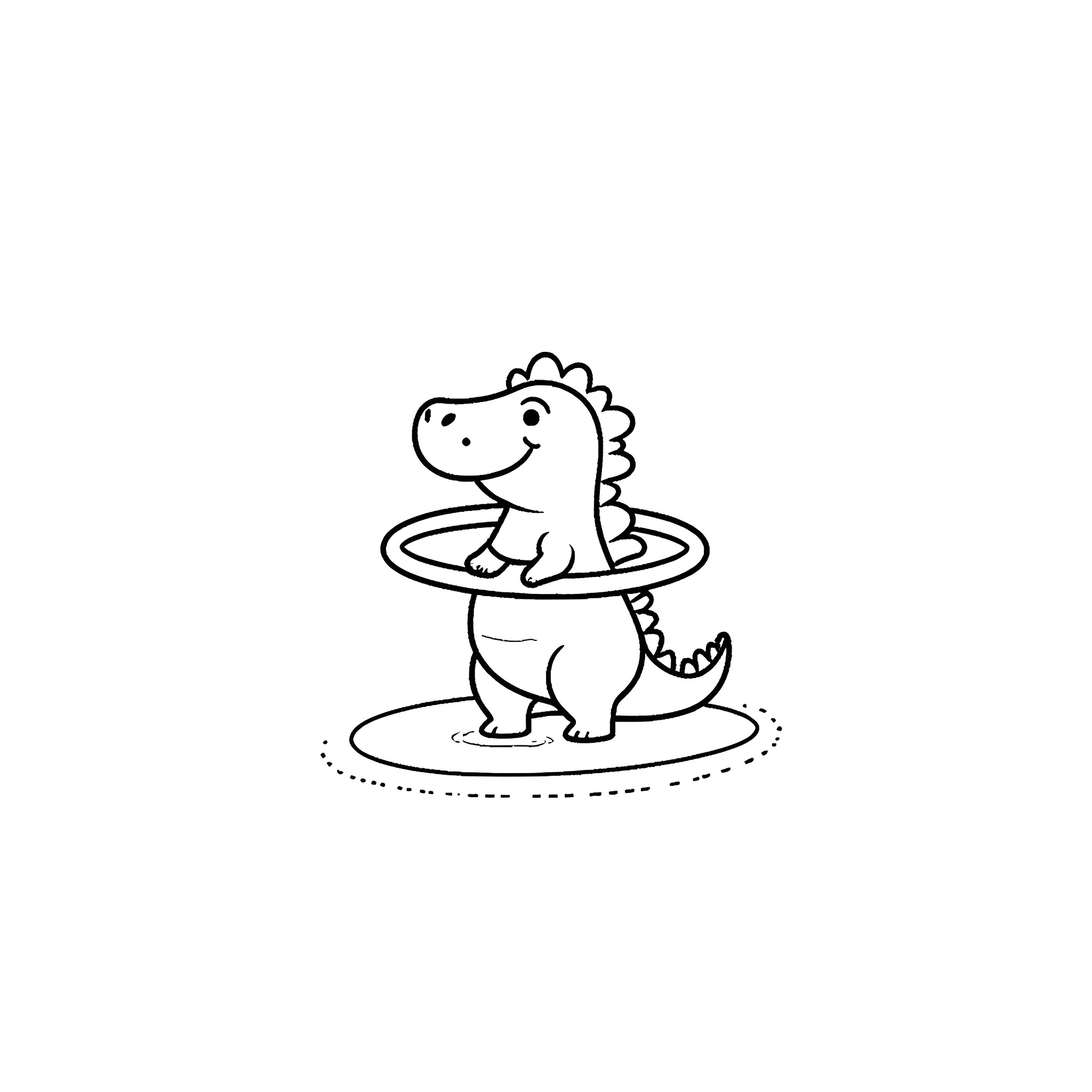 Dinosaur playing happily in a circle Coloring Page (free black-and-white line drawing printable PDF for all, from beginners to advanced learners, including children, teens, adults, and seniors)