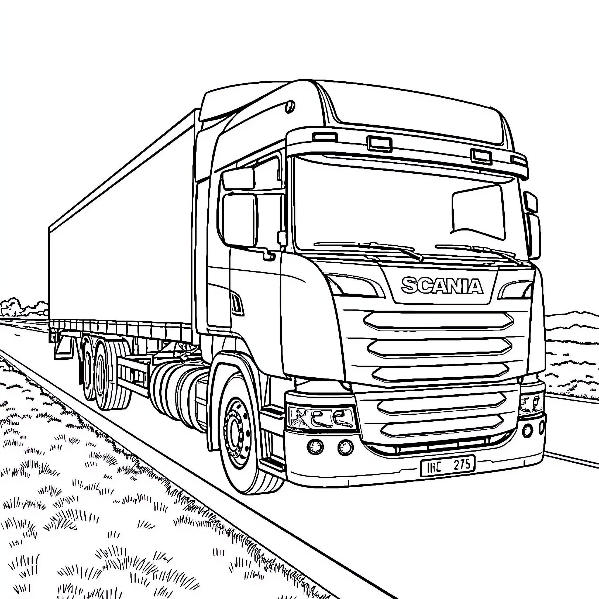 Scania semi-trailer truck on rural road Coloring Page (free black-and-white line drawing printable PDF for all, from beginners to advanced learners, including children, teens, adults, and seniors)