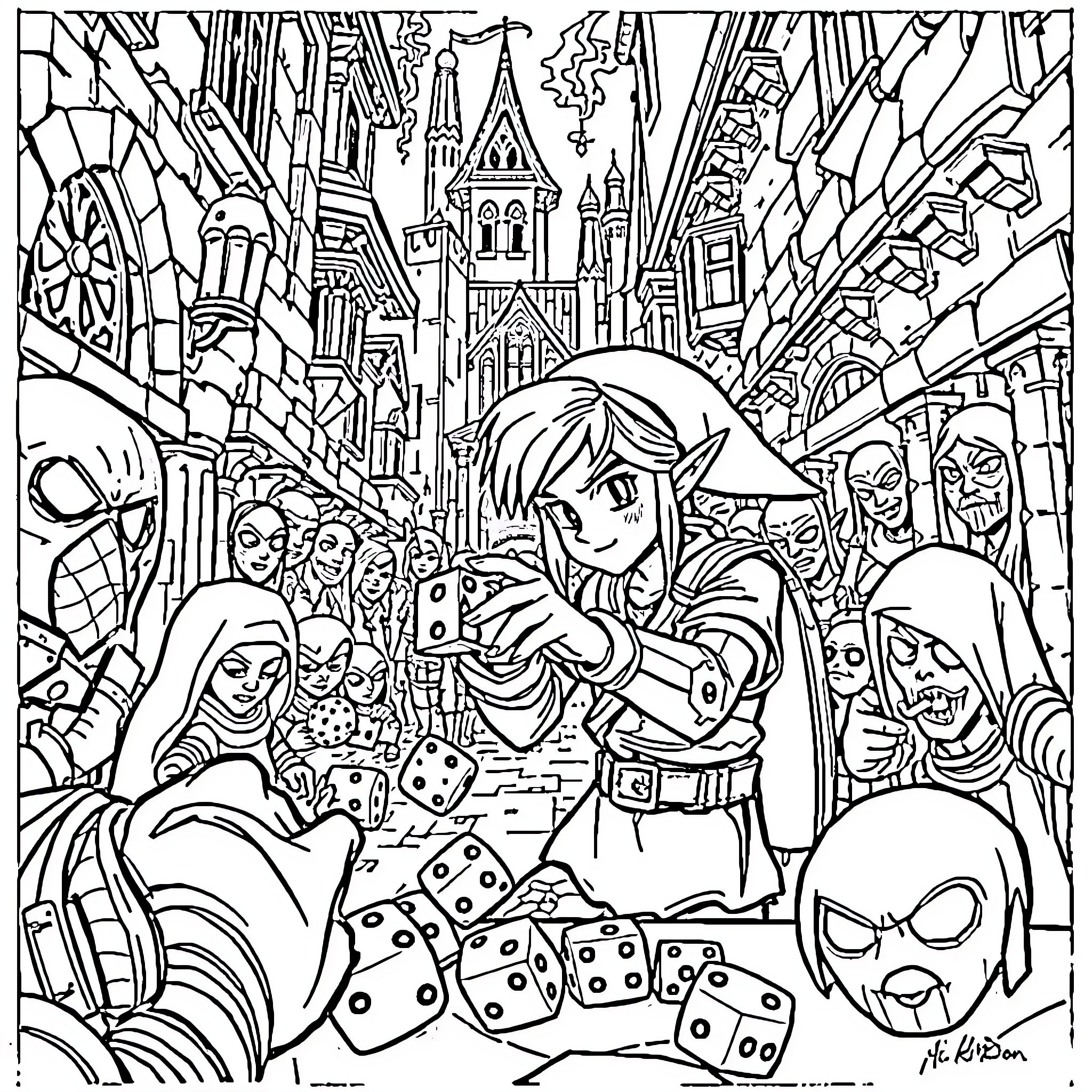 Link exploring a bustling fantasy city with various characters Coloring Page (free black-and-white line drawing printable PDF for all, from beginners to advanced learners, including children, teens, adults, and seniors)