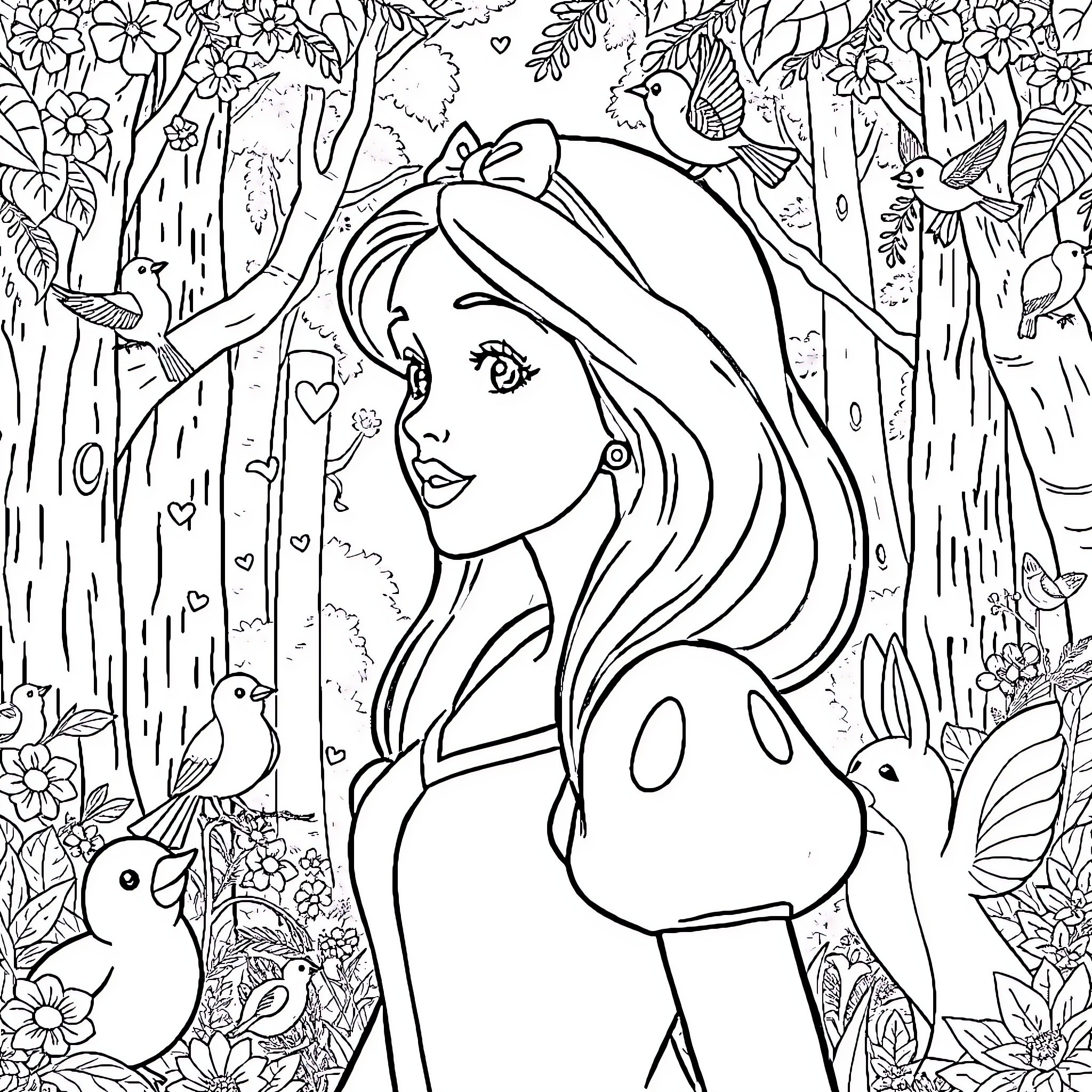Snow White in a magical forest with birds and flowers Coloring Page (free black-and-white line drawing printable PDF for all, from beginners to advanced learners, including children, teens, adults, and seniors)