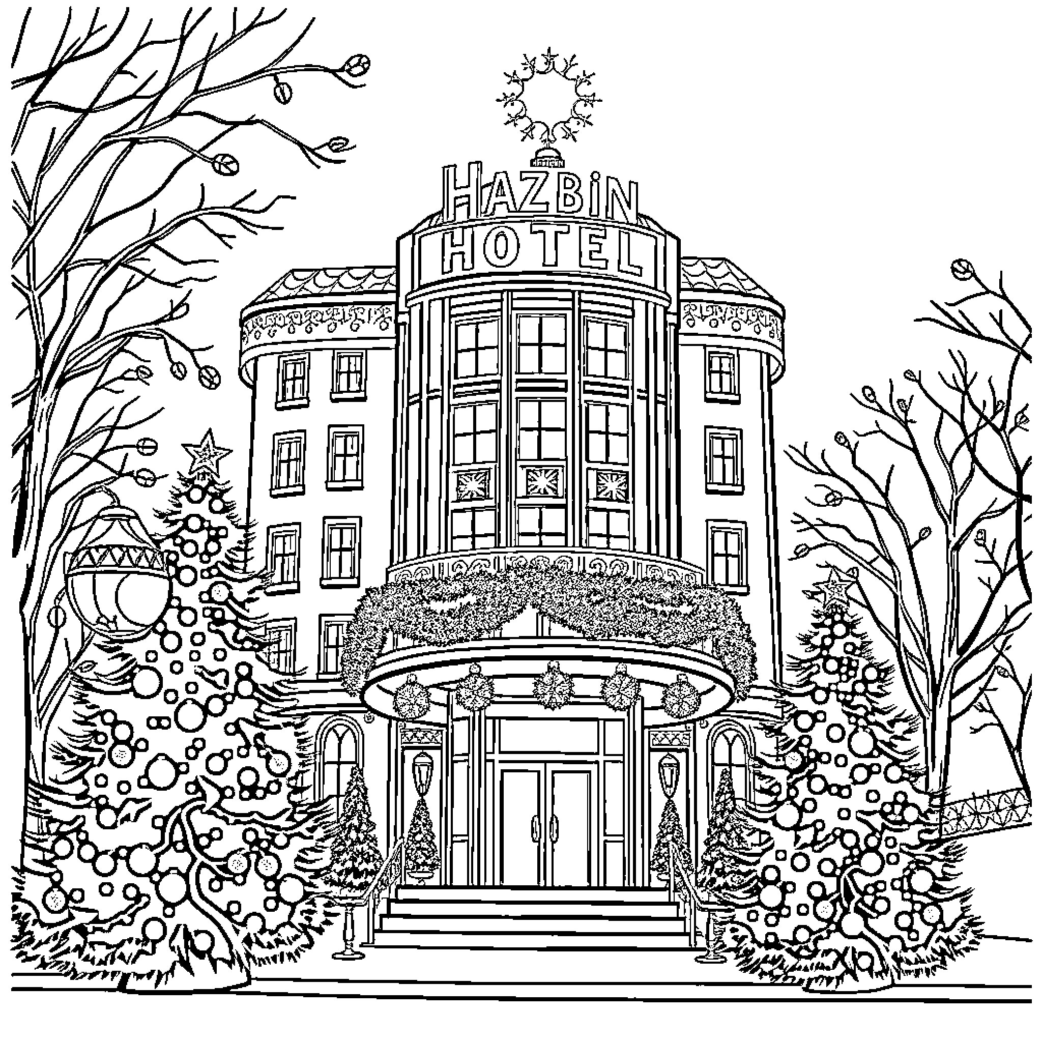 Hazbin Hotel with Whimsical Exterior and Surroundings Coloring Page (free black-and-white line drawing printable PDF for all, from beginners to advanced learners, including children, teens, adults, and seniors)