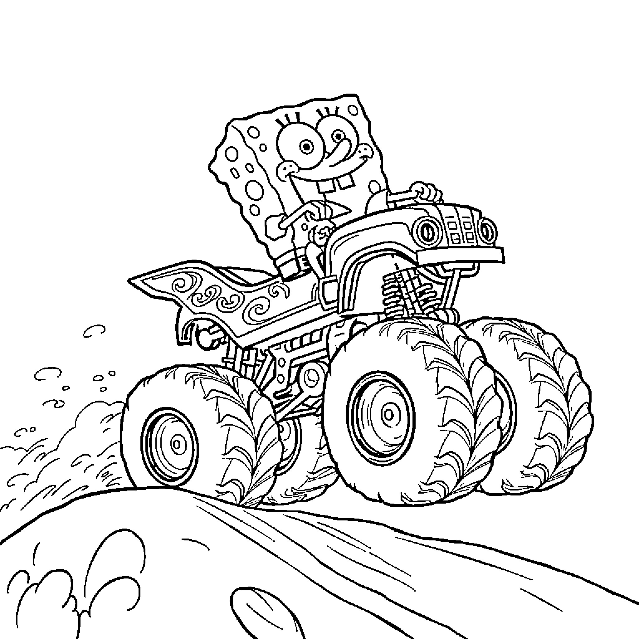 Spongebob driving a monster truck on the road Coloring Page (free black-and-white line drawing printable PDF for all, from beginners to advanced learners, including children, teens, adults, and seniors)
