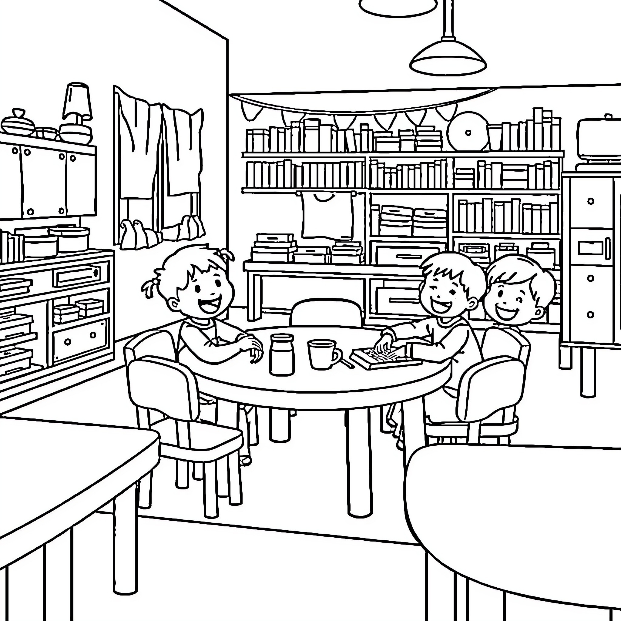 Kindergarten students working on a project together Coloring Page (free black-and-white line drawing printable PDF for all, from beginners to advanced learners, including children, teens, adults, and seniors)