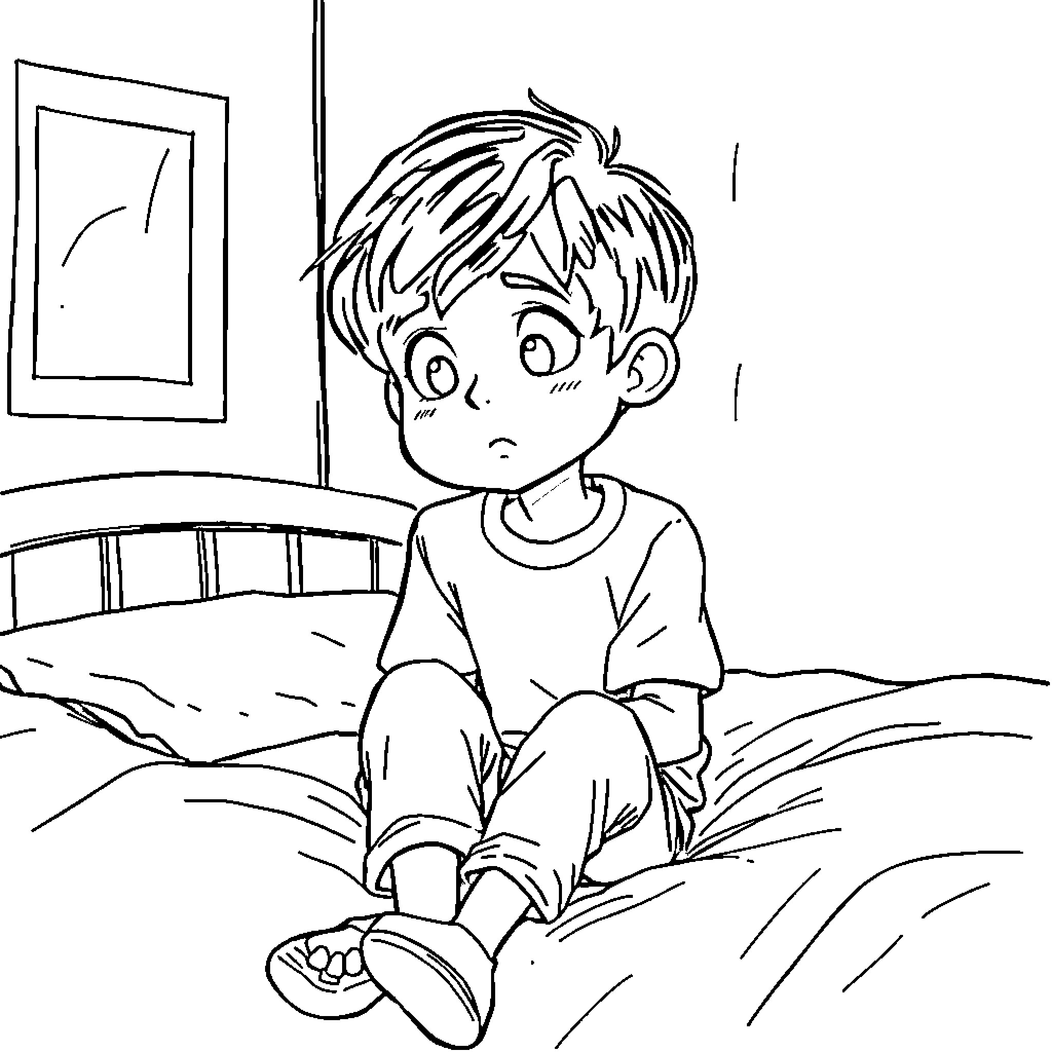 Will Byers sitting on bed, looking distressed Coloring Page (free black-and-white line drawing printable PDF for all, from beginners to advanced learners, including children, teens, adults, and seniors)
