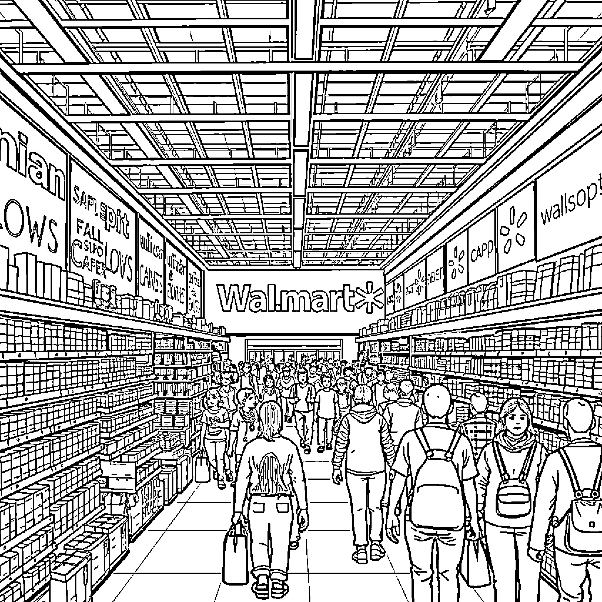 Walmart Bustling with Shoppers in Store Aisles Coloring Page (free black-and-white line drawing printable PDF for all, from beginners to advanced learners, including children, teens, adults, and seniors)