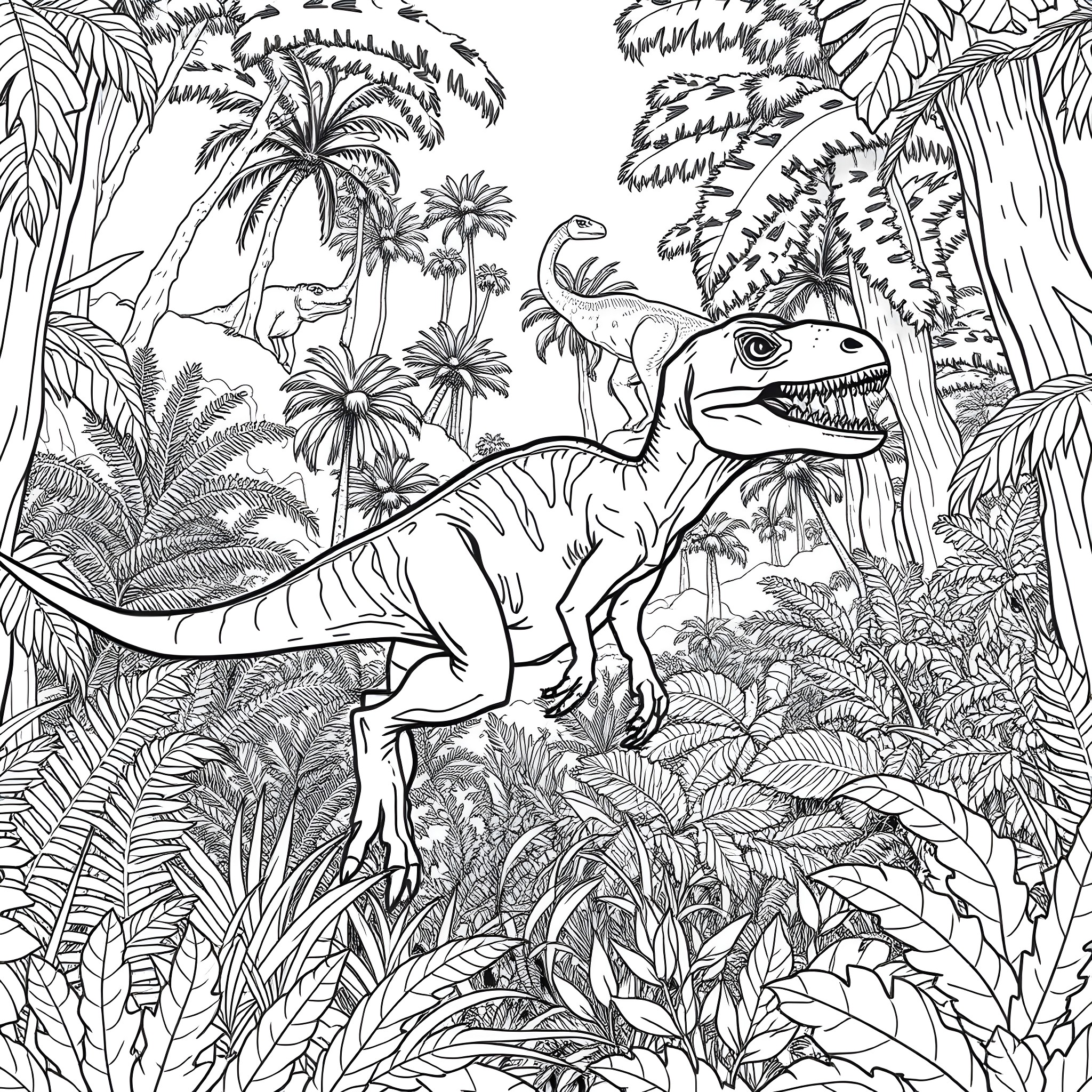 Velociraptor Exploring the Lush Prehistoric Jungle Coloring Page (free black-and-white line drawing printable PDF for all, from beginners to advanced learners, including children, teens, adults, and seniors)
