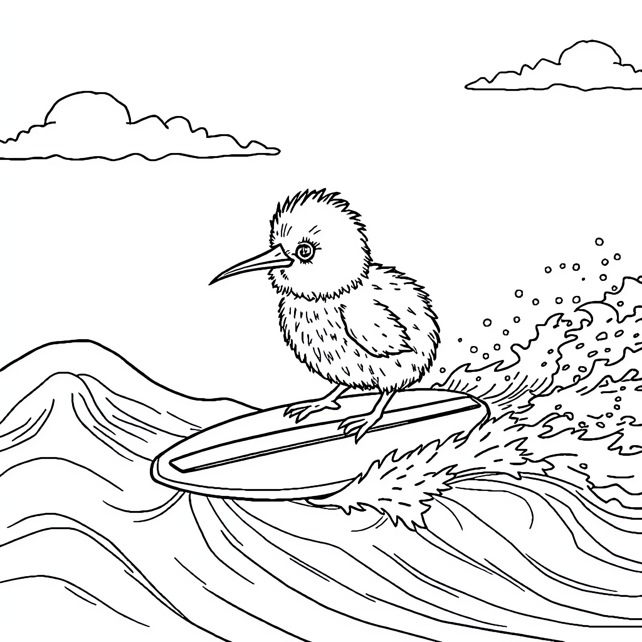 Kiwi bird riding waves in a mountain landscape Coloring Page (free black-and-white line drawing printable PDF for all, from beginners to advanced learners, including children, teens, adults, and seniors)
