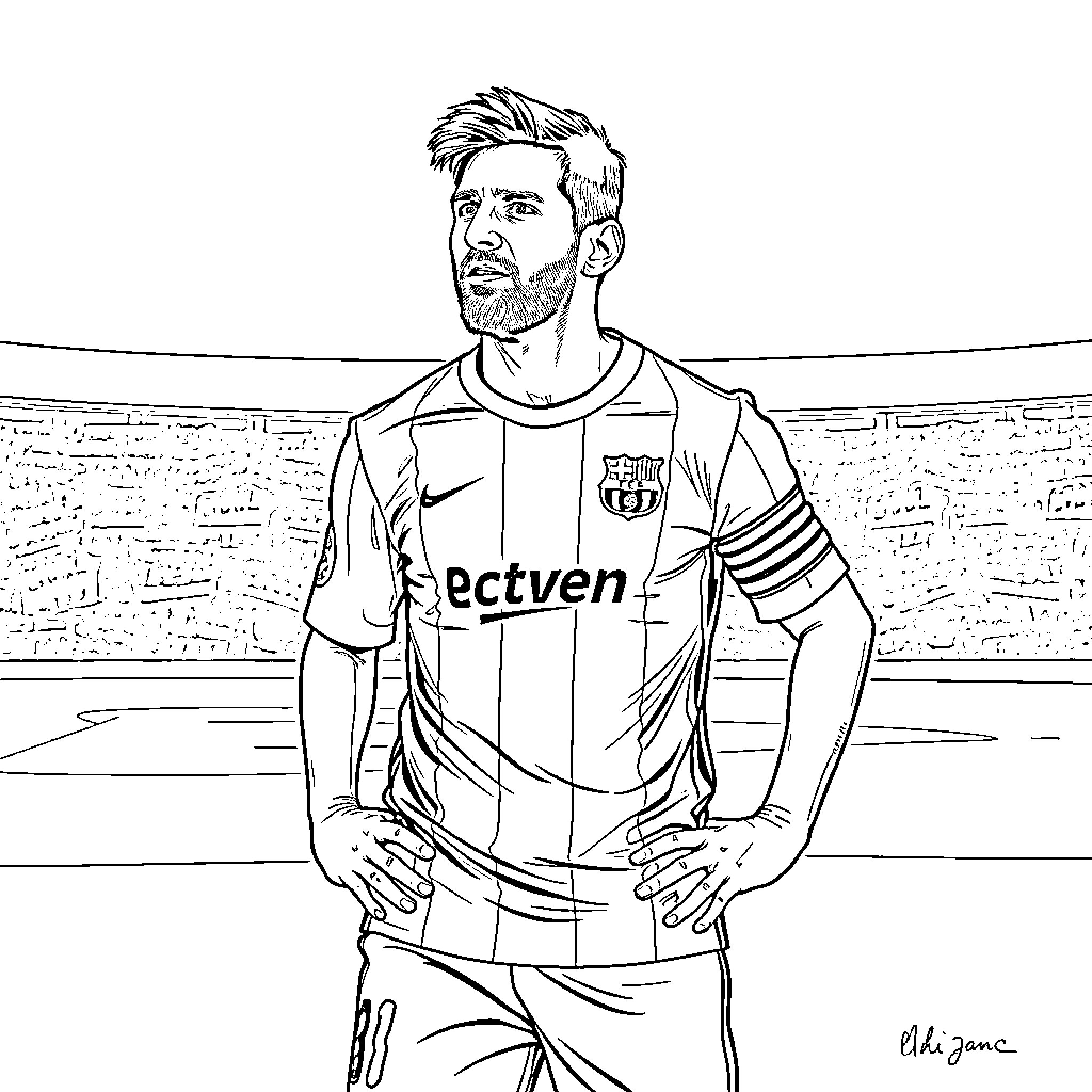 Messi in soccer uniform on field Coloring Page (free black-and-white line drawing printable PDF for all, from beginners to advanced learners, including children, teens, adults, and seniors)