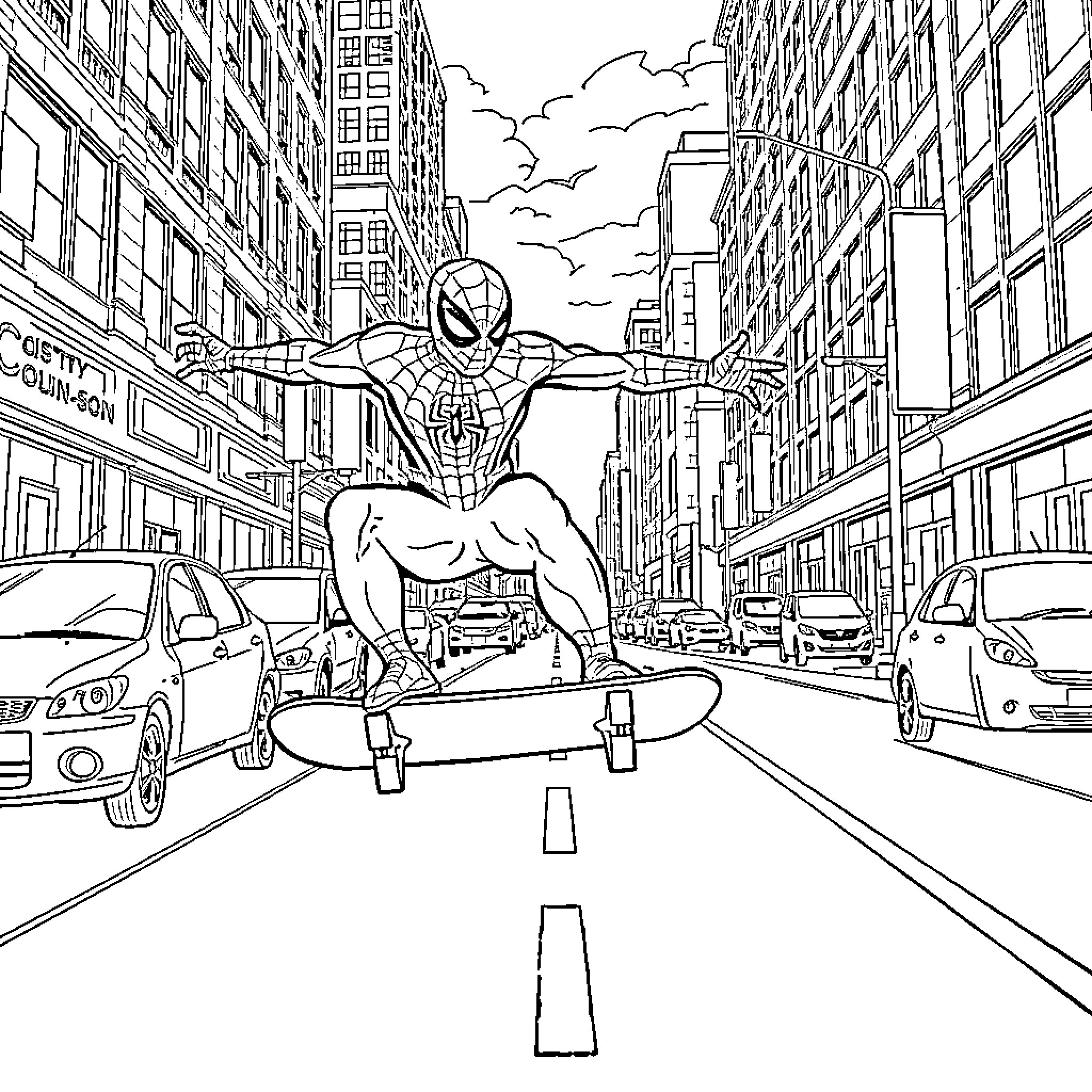 Spiderman swinging through the city streets Coloring Page (free black-and-white line drawing printable PDF for all, from beginners to advanced learners, including children, teens, adults, and seniors)
