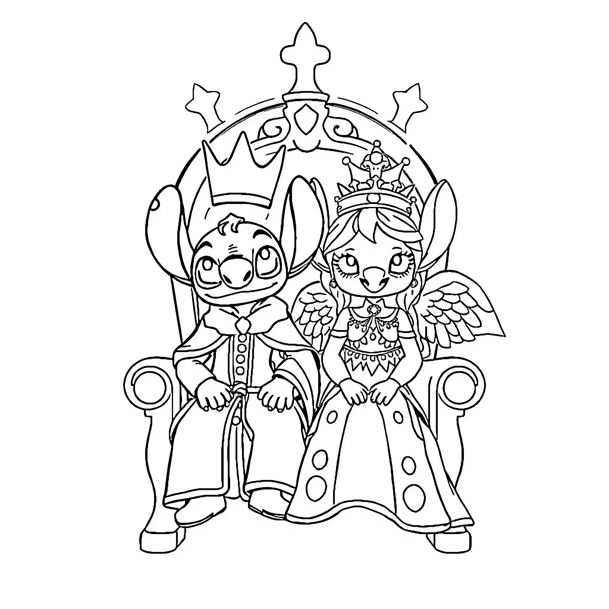 Stitch and Angel as royalty in fancy attire Coloring Page (free black-and-white line drawing printable PDF for all, from beginners to advanced learners, including children, teens, adults, and seniors)