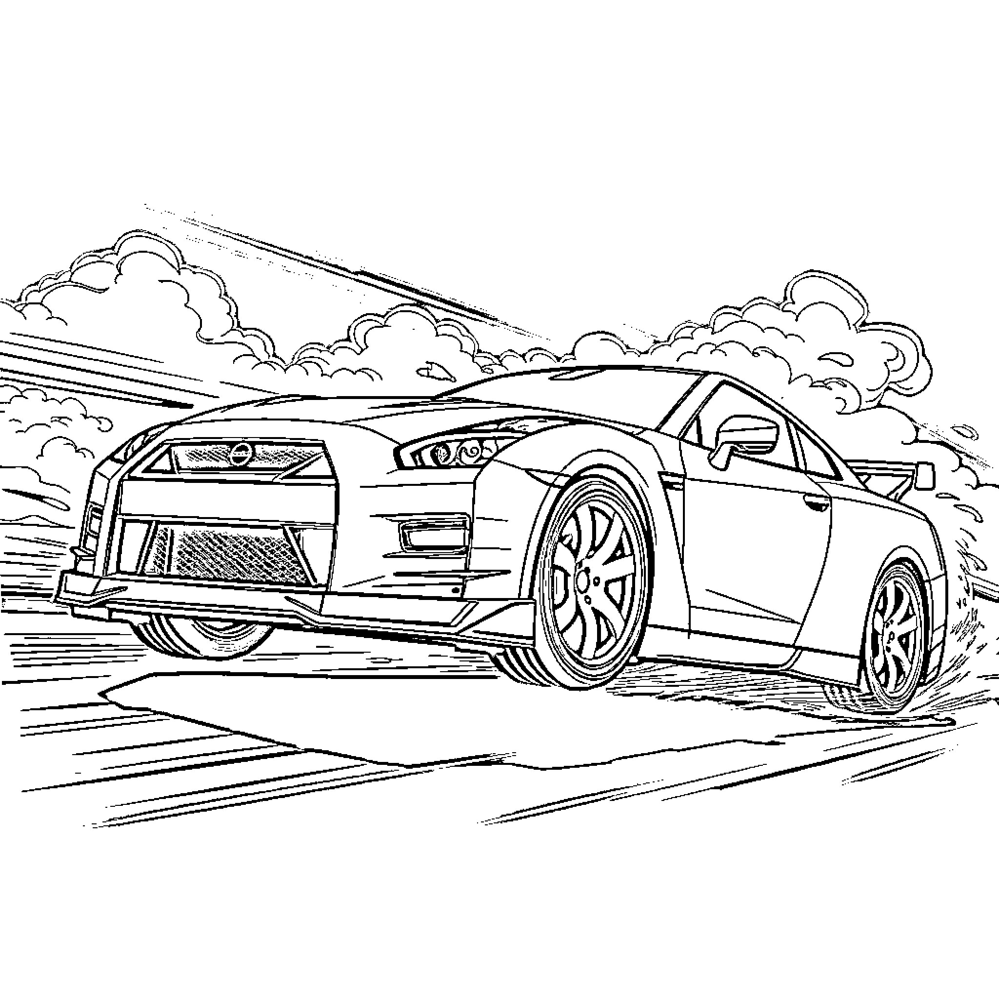 Nissan GTR racing on the open road Coloring Page (free black-and-white line drawing printable PDF for all, from beginners to advanced learners, including children, teens, adults, and seniors)