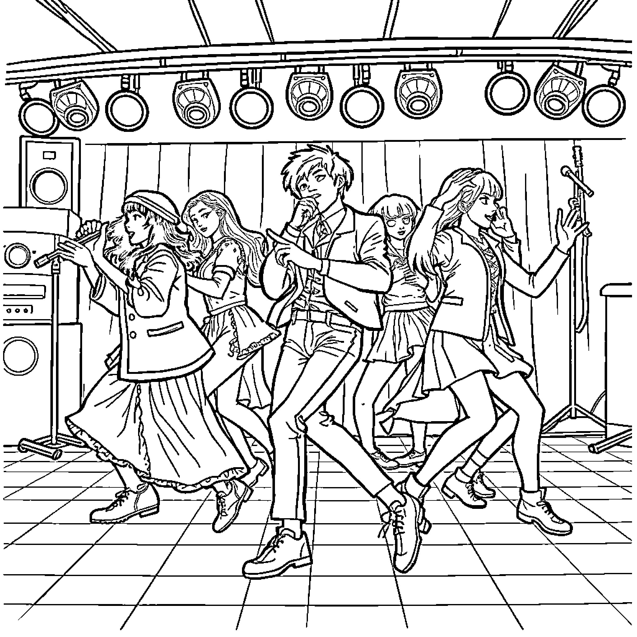 Kpop group performing on stage with dynamic expressions Coloring Page (free black-and-white line drawing printable PDF for all, from beginners to advanced learners, including children, teens, adults, and seniors)