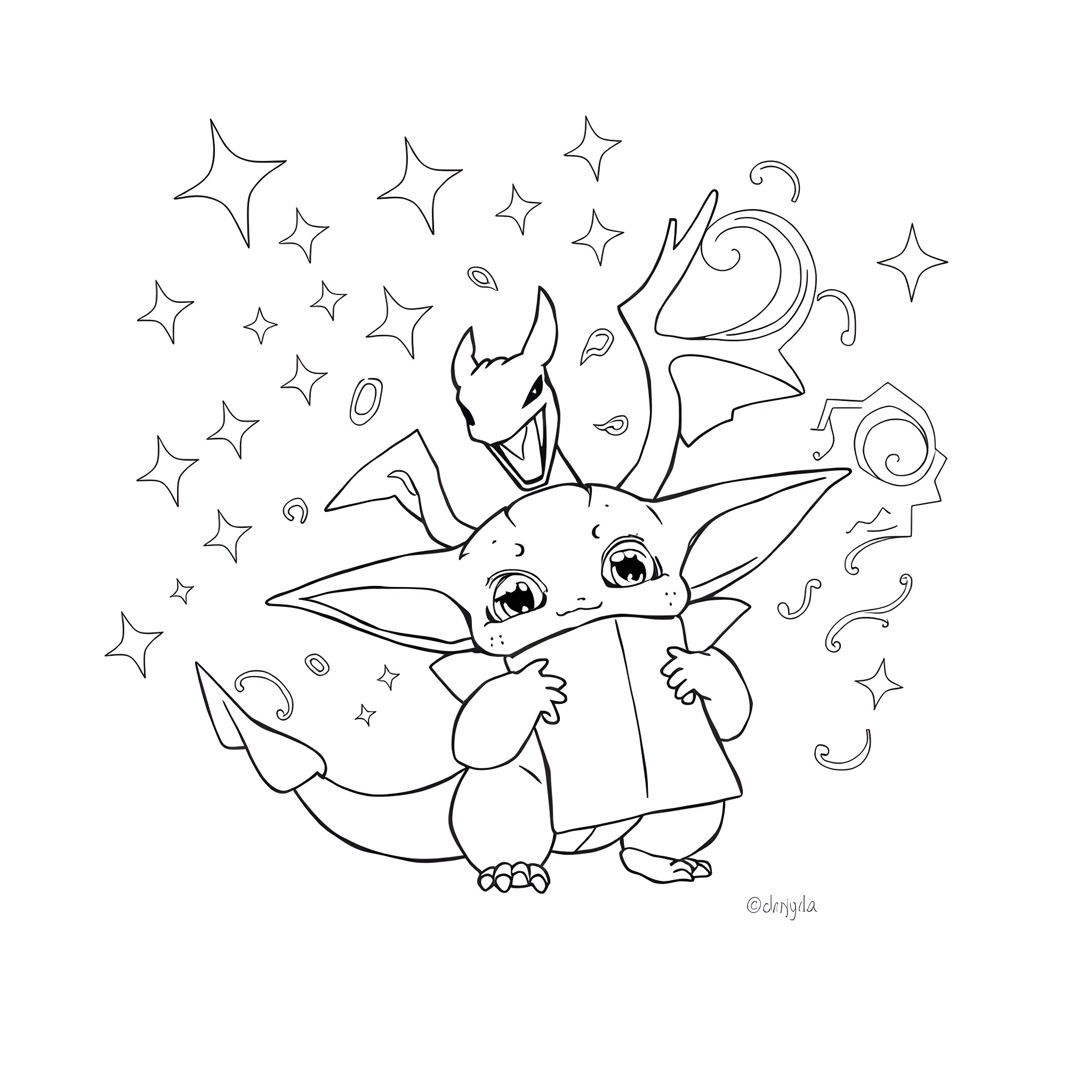 Yoda and baby Yoda in magical space adventure Coloring Page (free black-and-white line drawing printable PDF for all, from beginners to advanced learners, including children, teens, adults, and seniors)