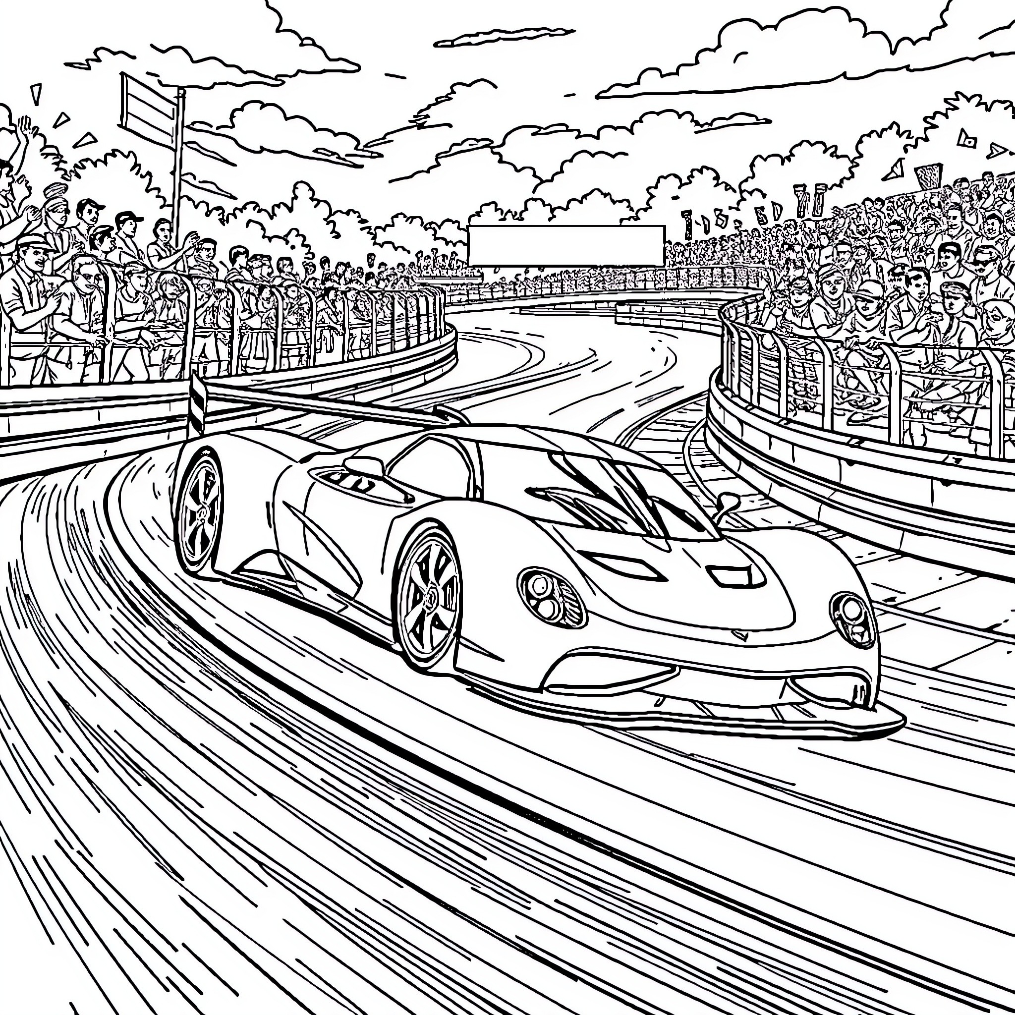 Sport Car Racing on Speedway Track with Spectators Coloring Page (free black-and-white line drawing printable PDF for all, from beginners to advanced learners, including children, teens, adults, and seniors)