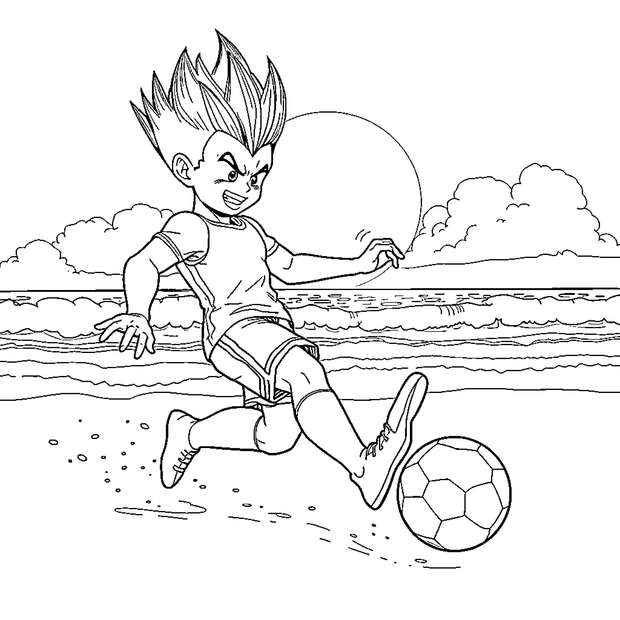 Vegeta playing soccer on the beach Coloring Page (free black-and-white line drawing printable PDF for all, from beginners to advanced learners, including children, teens, adults, and seniors)