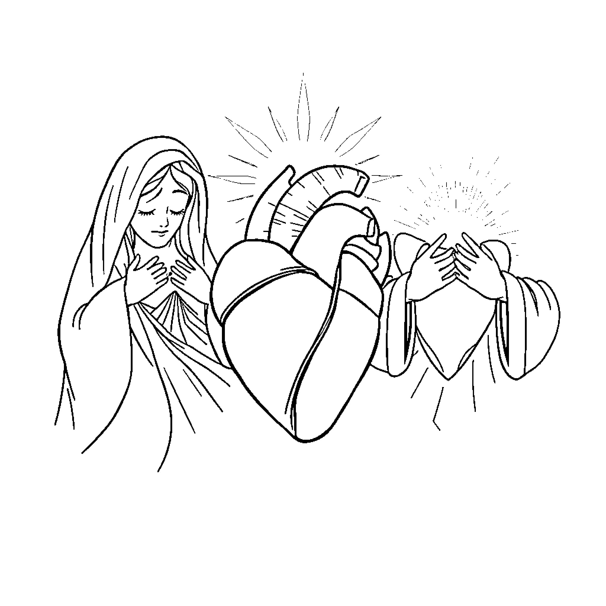 Heart of the Faithful Embracing Divine Light Coloring Page (free black-and-white line drawing printable PDF for all, from beginners to advanced learners, including children, teens, adults, and seniors)