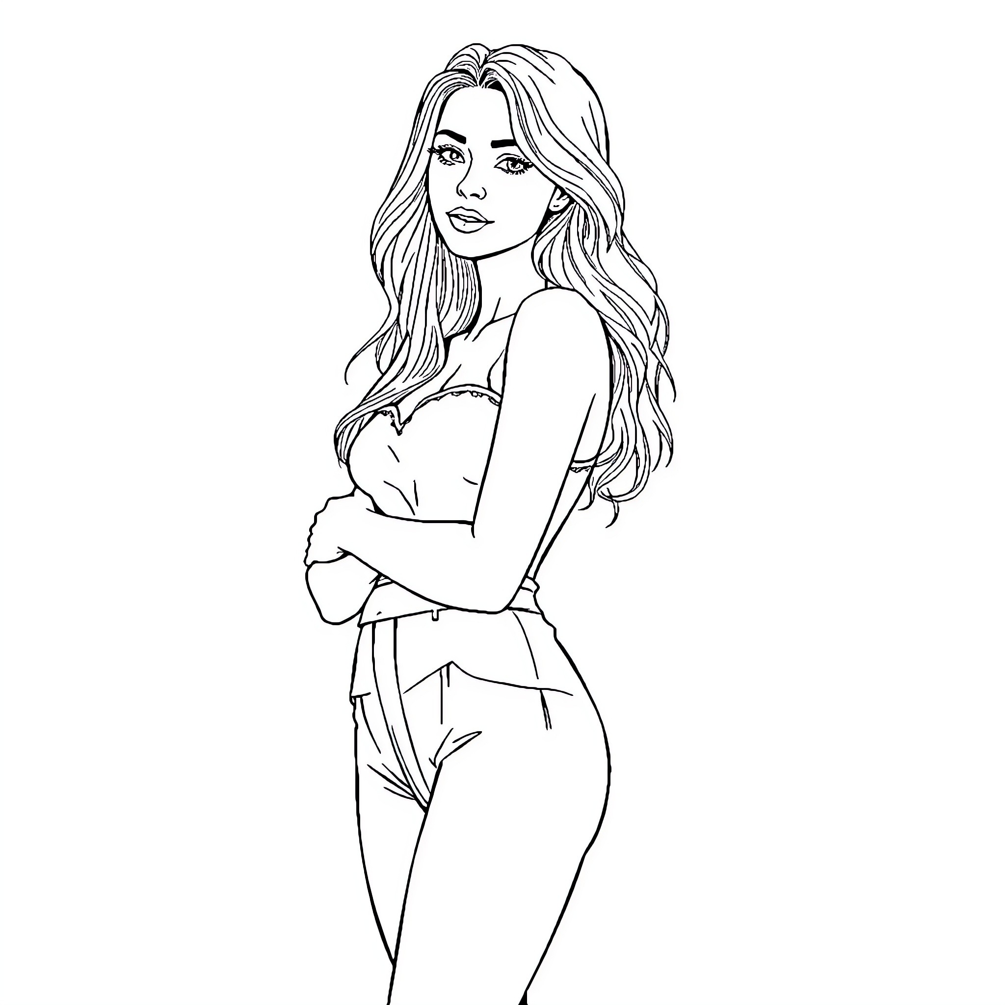 Girl in Stylish Outfit Posing Confidently Coloring Page (free black-and-white line drawing printable PDF for all, from beginners to advanced learners, including children, teens, adults, and seniors)