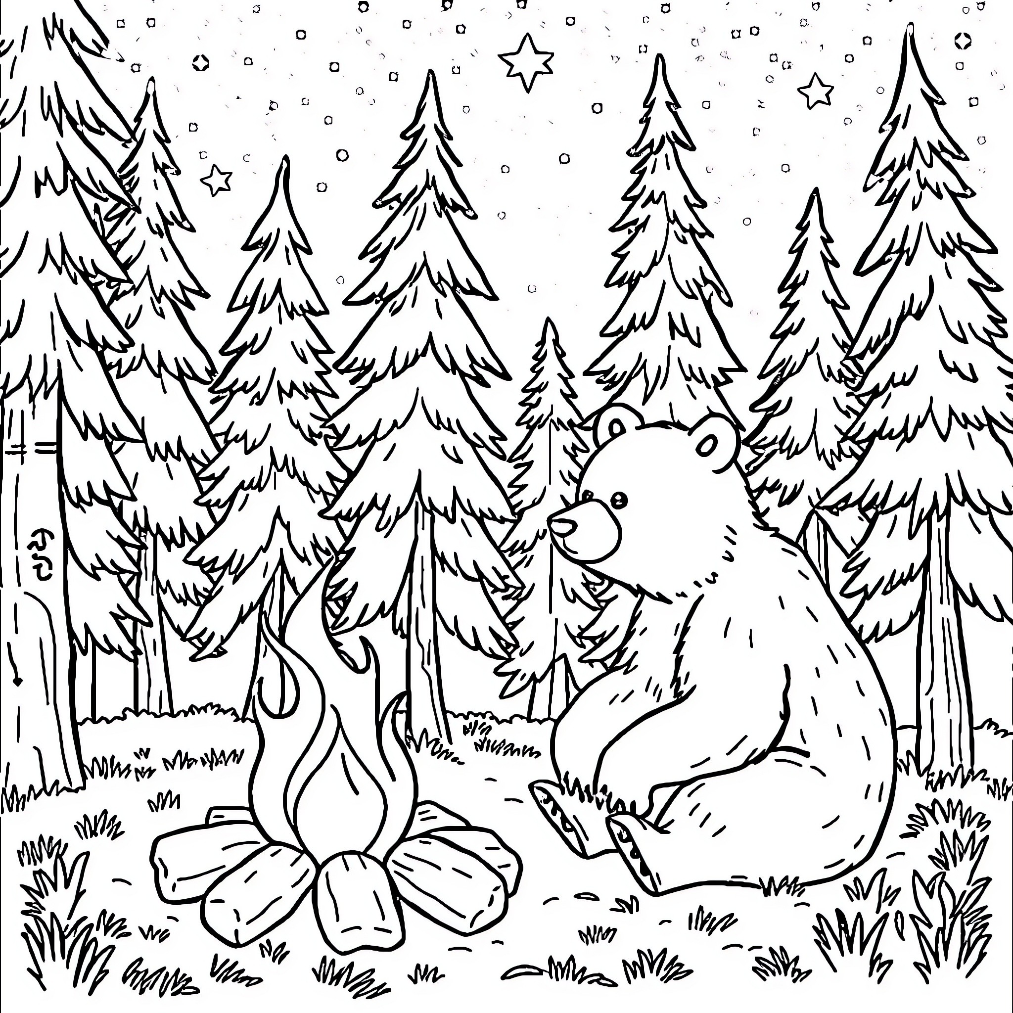 Bear enjoying a cozy winter night in the snowy forest Coloring Page (free black-and-white line drawing printable PDF for all, from beginners to advanced learners, including children, teens, adults, and seniors)
