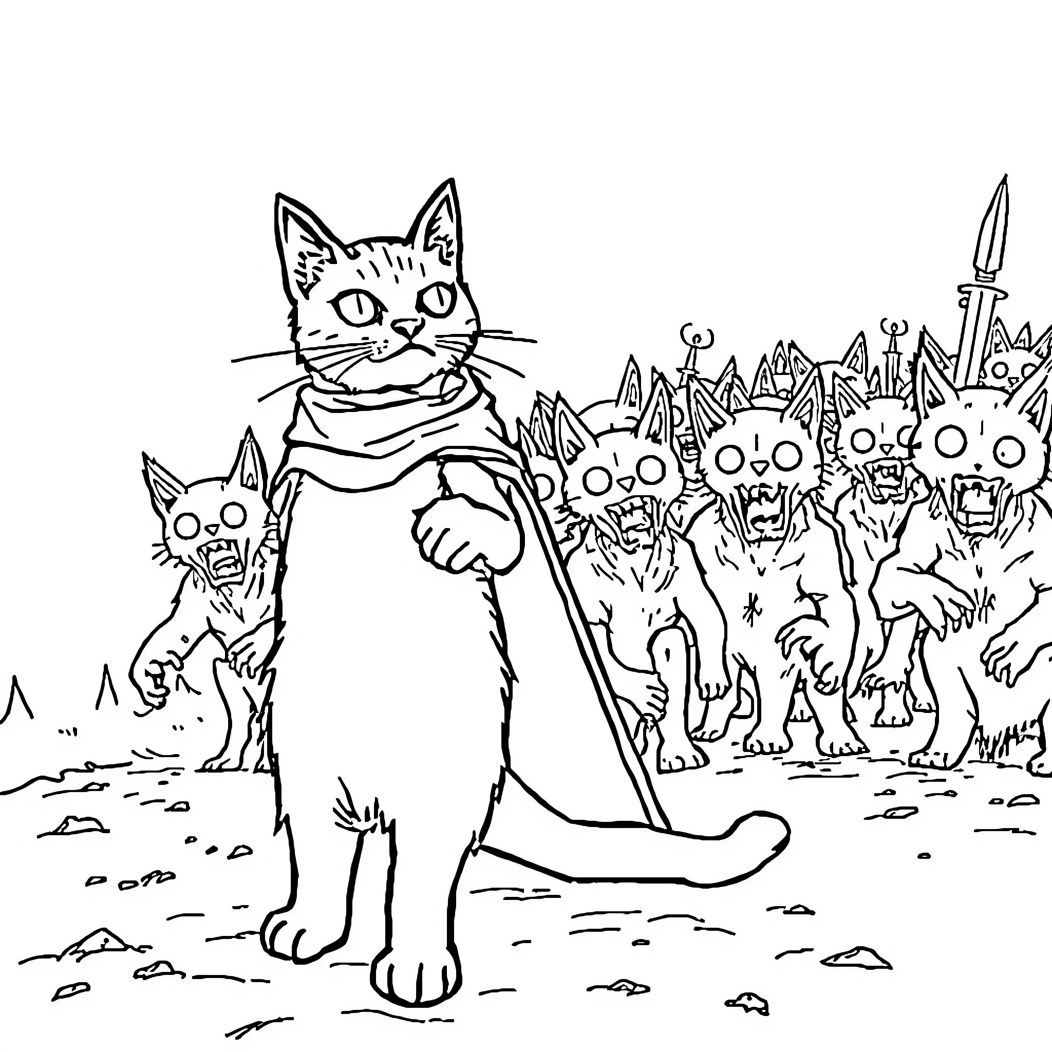 Cat leading army of feline companions Coloring Page (free black-and-white line drawing printable PDF for all, from beginners to advanced learners, including children, teens, adults, and seniors)