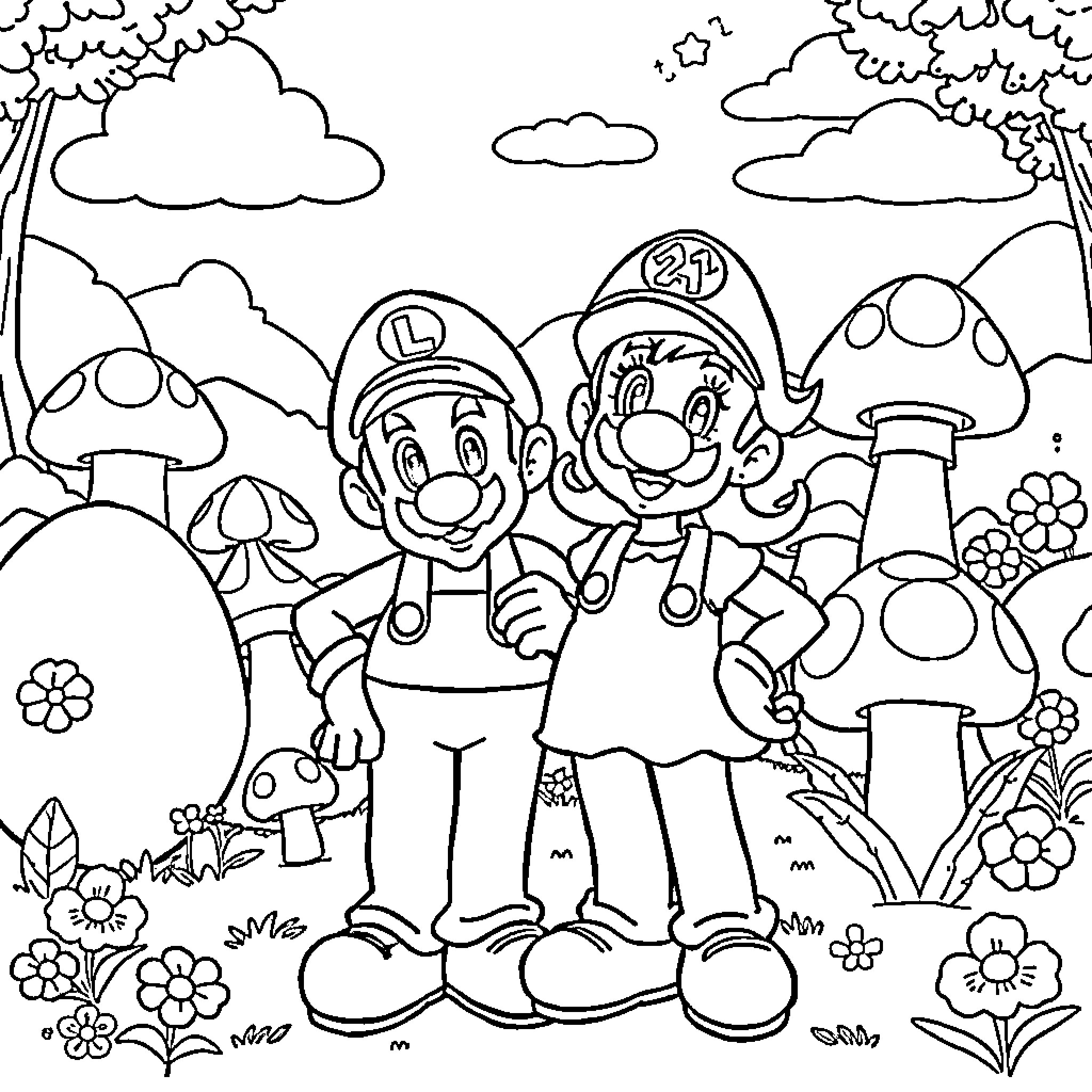 Luigi's Mushroom Adventure Coloring Page (free black-and-white line drawing printable PDF for all, from beginners to advanced learners, including children, teens, adults, and seniors)