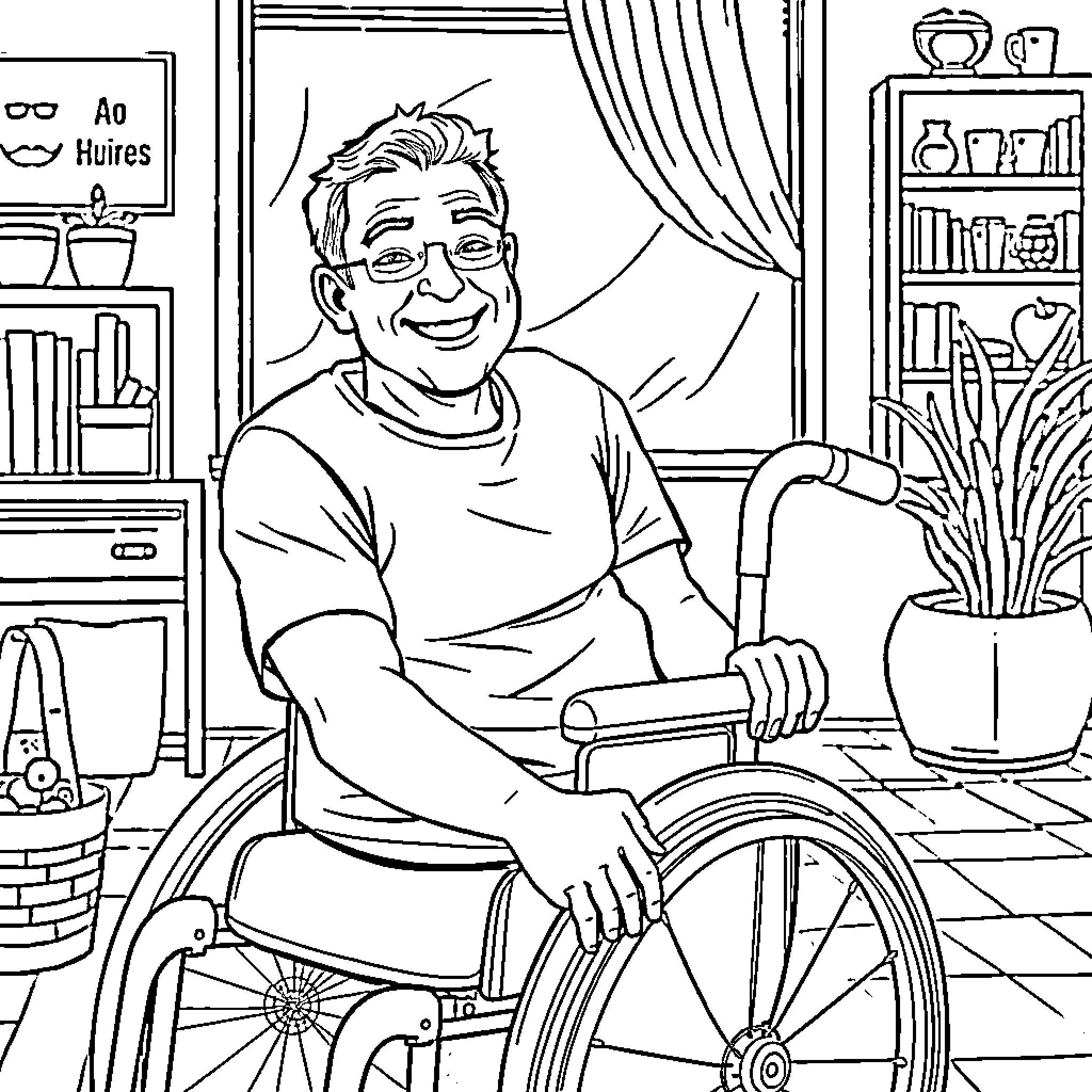 Adult man in wheelchair smiling in cozy home setting Coloring Page (free black-and-white line drawing printable PDF for all, from beginners to advanced learners, including children, teens, adults, and seniors)