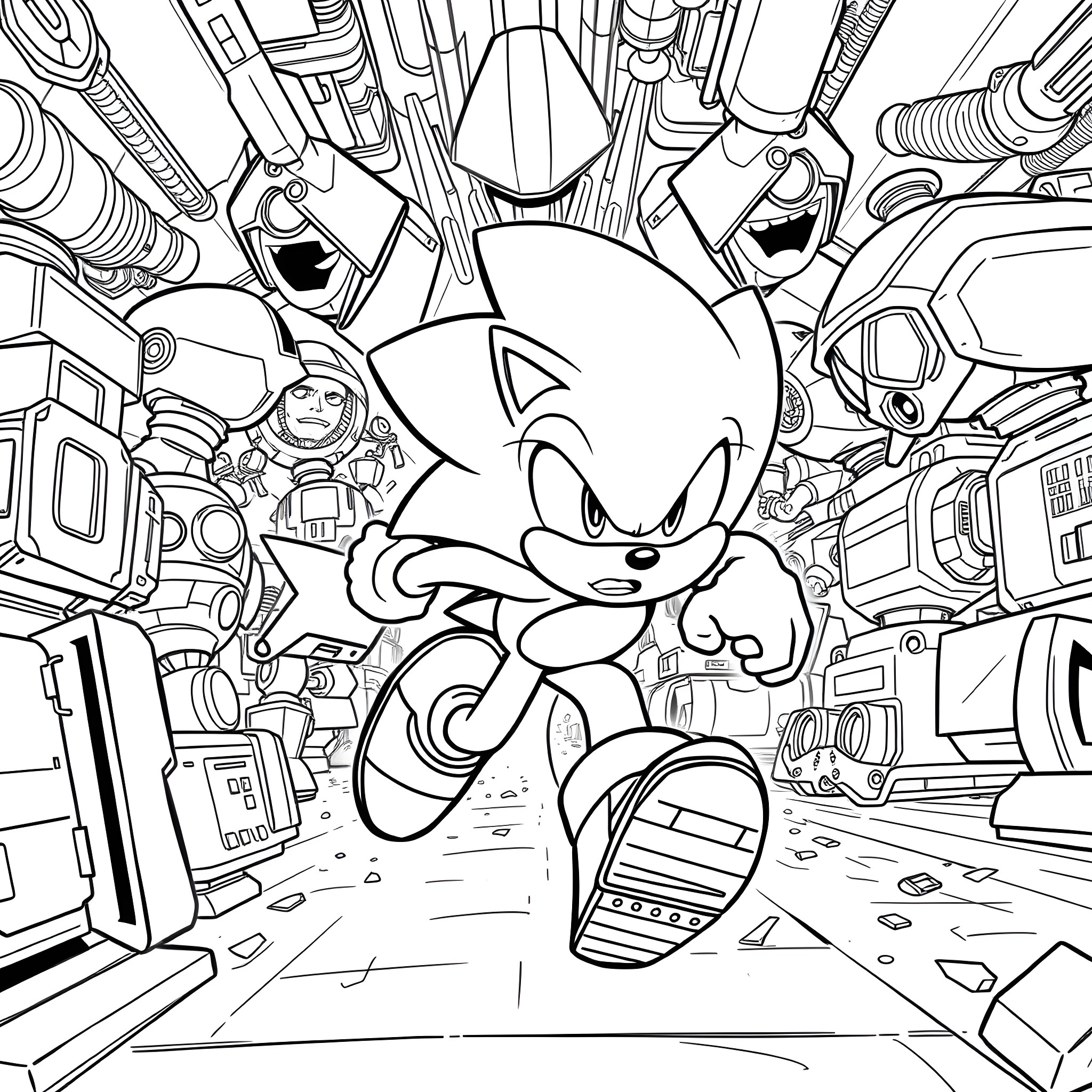 Sonic's Futuristic Adventure Filled with Tech Gadgets Coloring Page (free black-and-white line drawing printable PDF for all, from beginners to advanced learners, including children, teens, adults, and seniors)