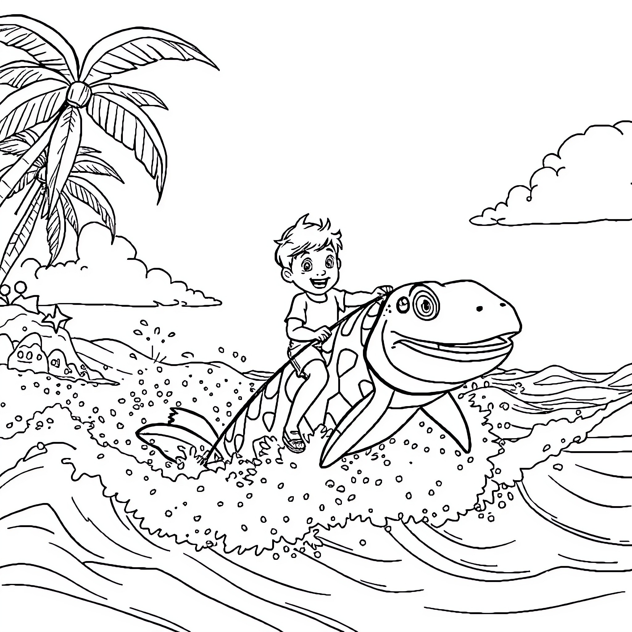 Child playing with a friendly giant fish on the beach Coloring Page (free black-and-white line drawing printable PDF for all, from beginners to advanced learners, including children, teens, adults, and seniors)