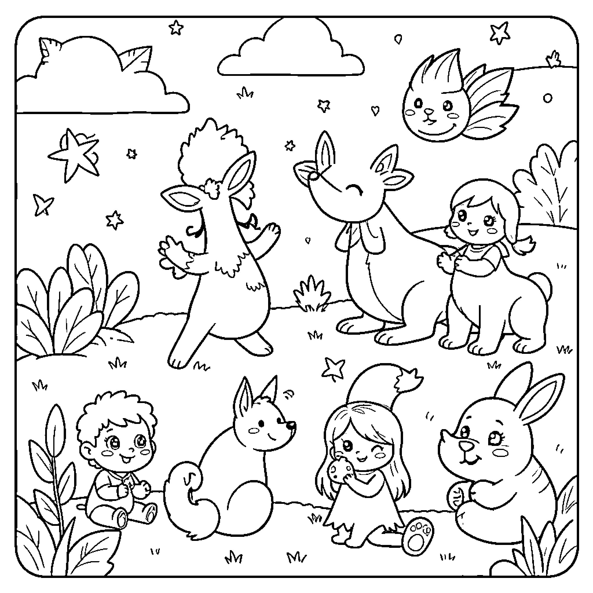 Drawing children and cute animals playing together outdoors Coloring Page (free black-and-white line drawing printable PDF for all, from beginners to advanced learners, including children, teens, adults, and seniors)