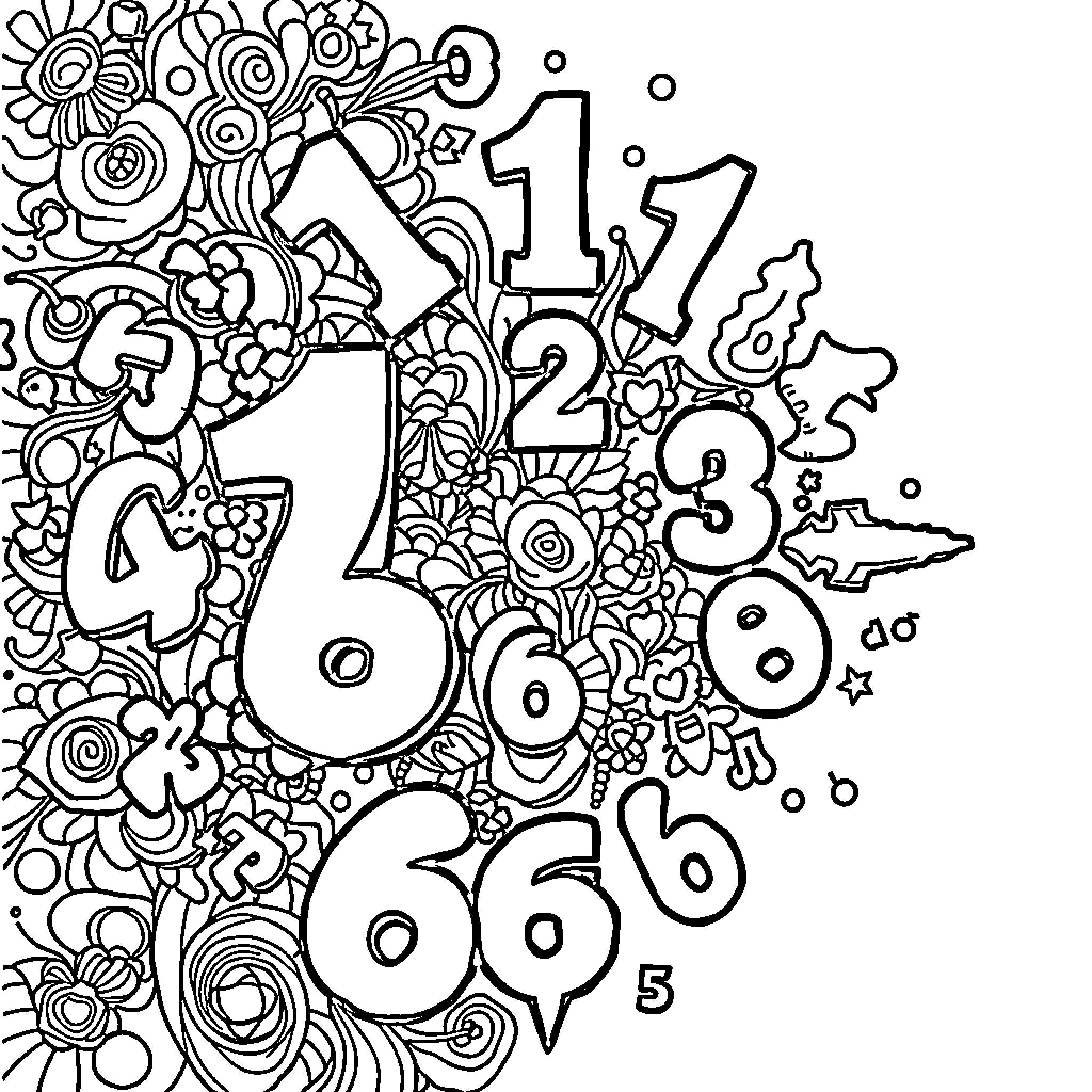 Number Whimsical Numbers Doodle Illustration Coloring Page (free black-and-white line drawing printable PDF for all, from beginners to advanced learners, including children, teens, adults, and seniors)