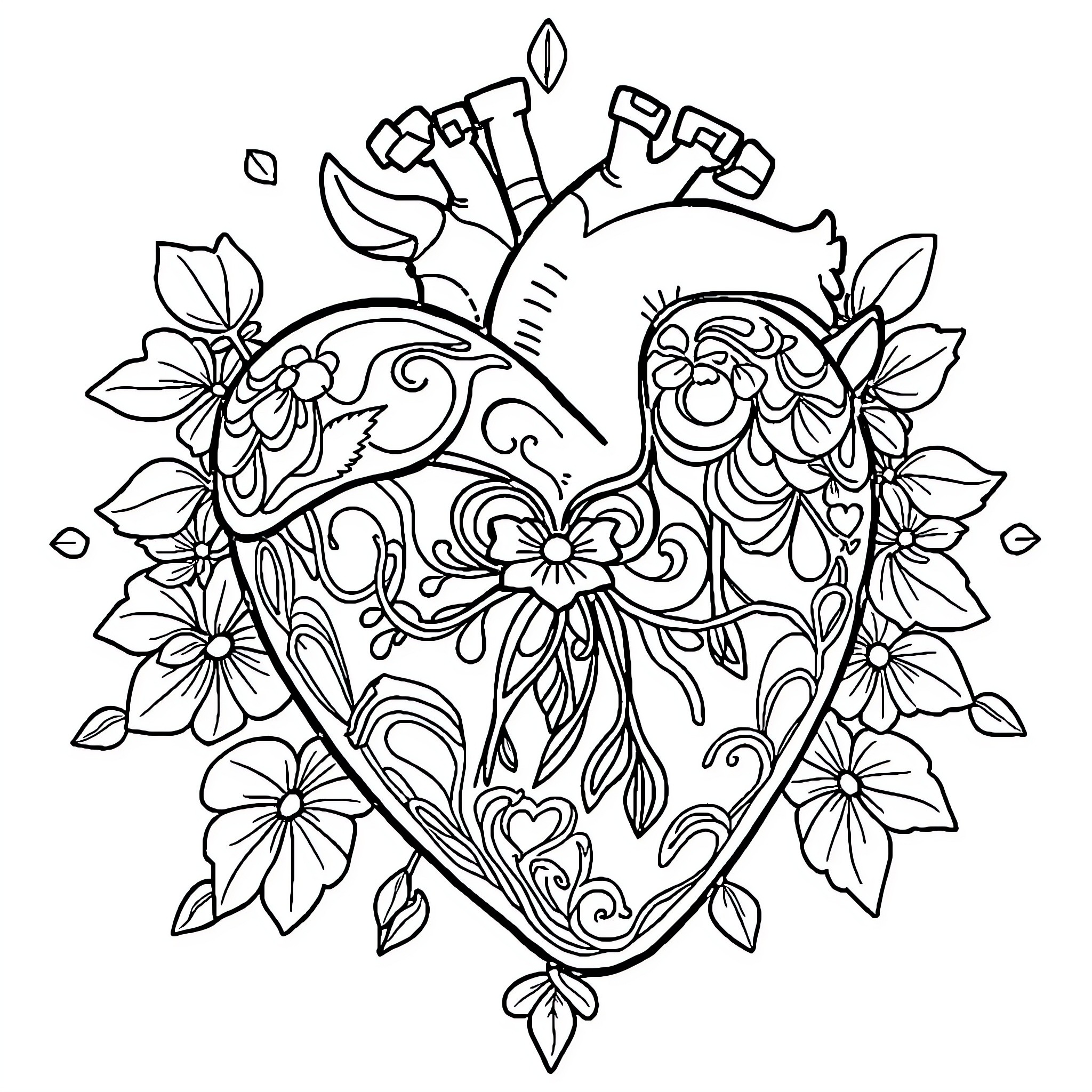 Heart adorned with intricate floral designs Coloring Page (free black-and-white line drawing printable PDF for all, from beginners to advanced learners, including children, teens, adults, and seniors)