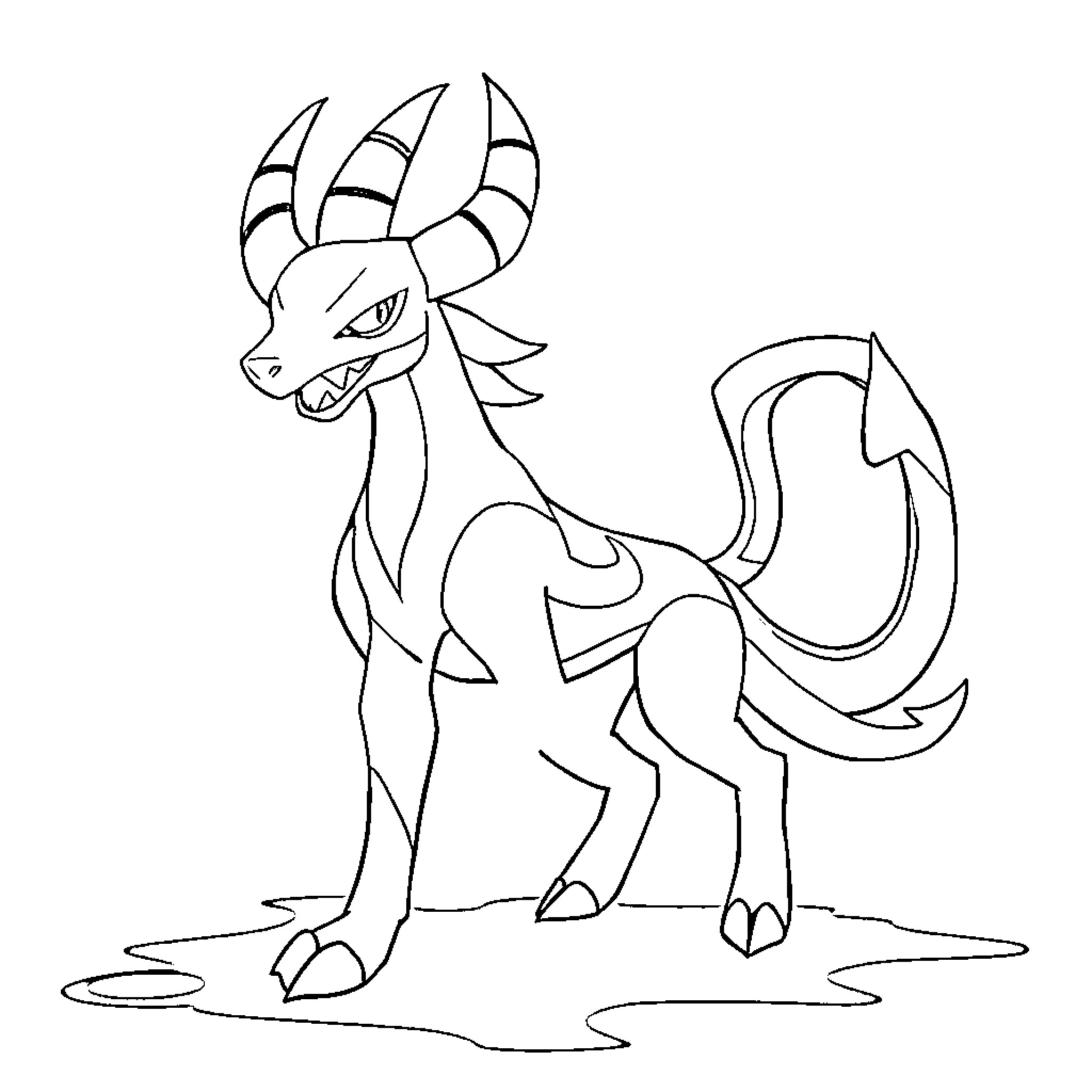 Houndoom standing proudly in the wilderness Coloring Page (free black-and-white line drawing printable PDF for all, from beginners to advanced learners, including children, teens, adults, and seniors)