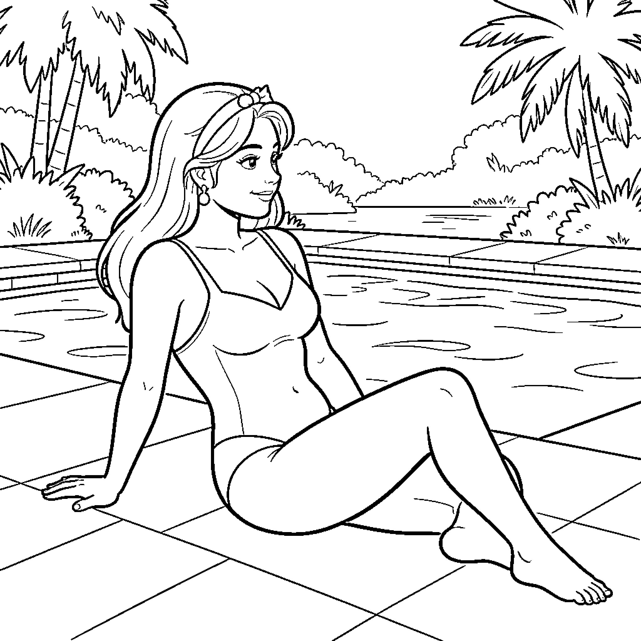 Cinderella relaxing by the poolside in swimwear Coloring Page (free black-and-white line drawing printable PDF for all, from beginners to advanced learners, including children, teens, adults, and seniors)