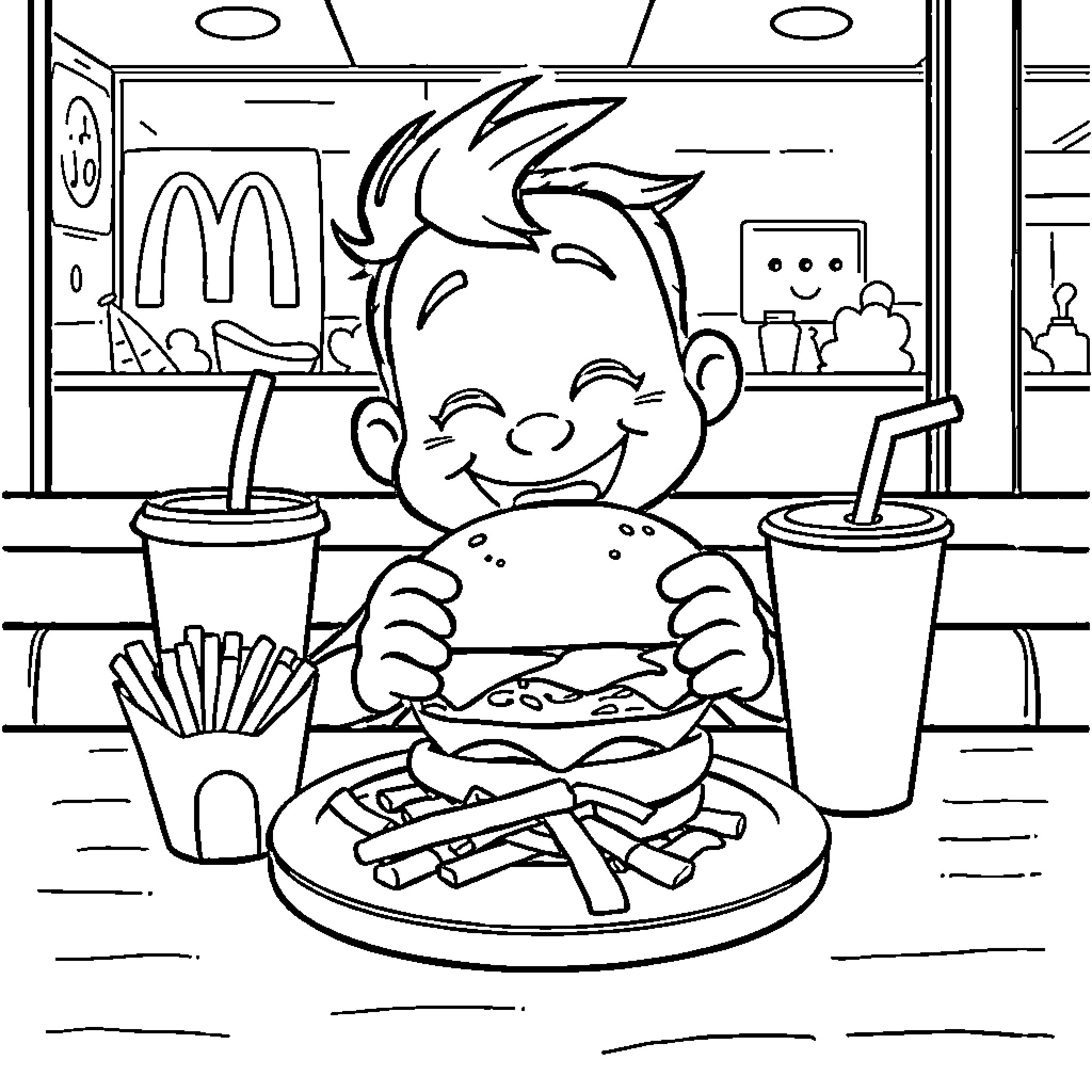 Pomni Boy Enjoying Fast Food Meal Coloring Page (free black-and-white line drawing printable PDF for all, from beginners to advanced learners, including children, teens, adults, and seniors)
